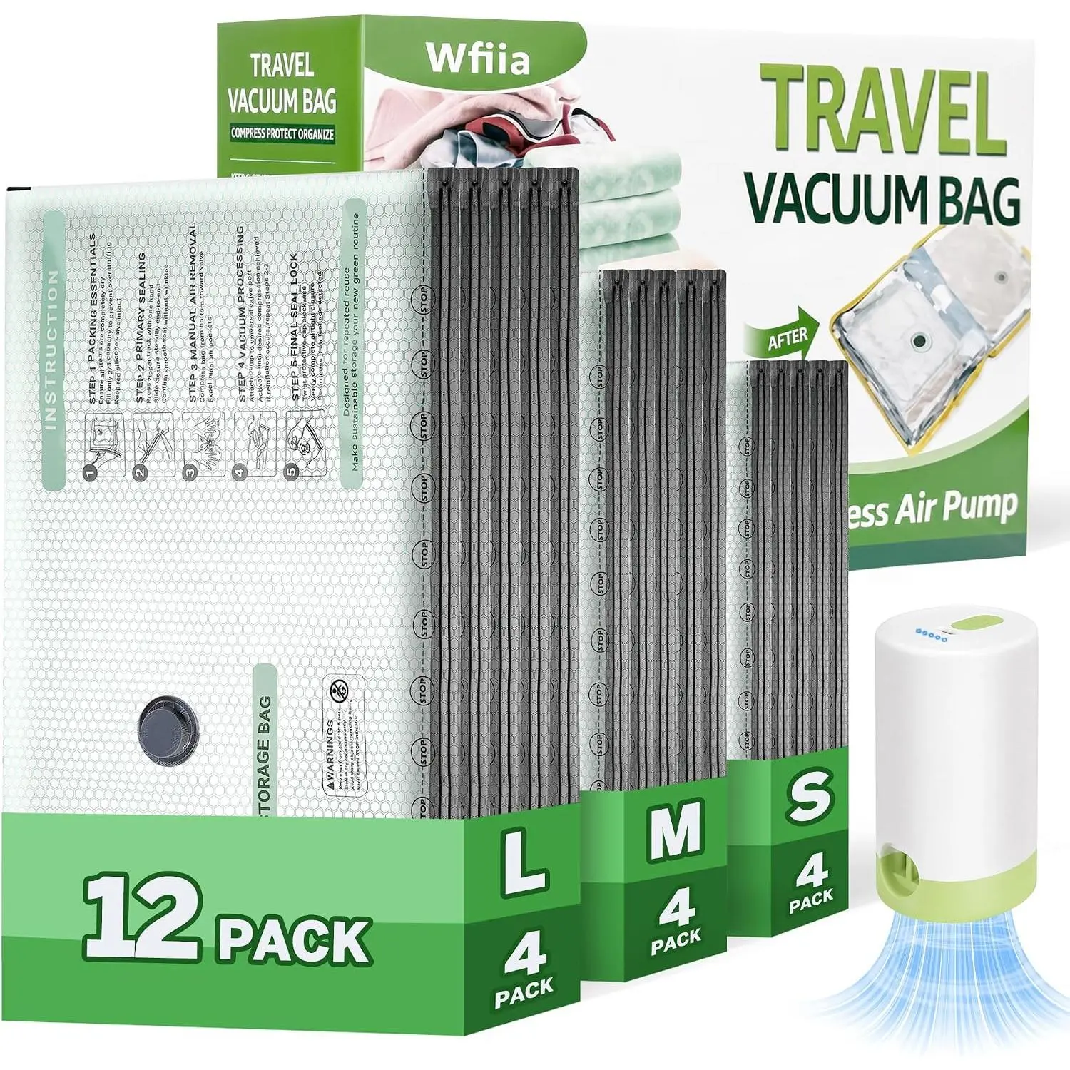 9+3 Packs Vacuum Bags for Travel with air Pump, 3 Sizes Vacuum Seal Bags for Clothing,-Saving Compression Bags for Travel & Closet Organization