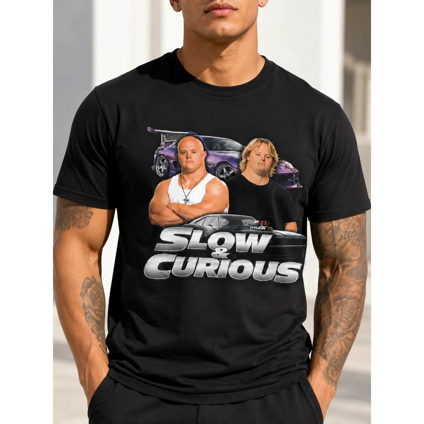 Slow & Curious Funny Parody Race Car Character Portrait Meme Graphic Tee Car Enthusiast Hobby Top,Vintage Modified Sports Car Portrait Slow & Curious Funny Movie Parody Casual Graphic Top