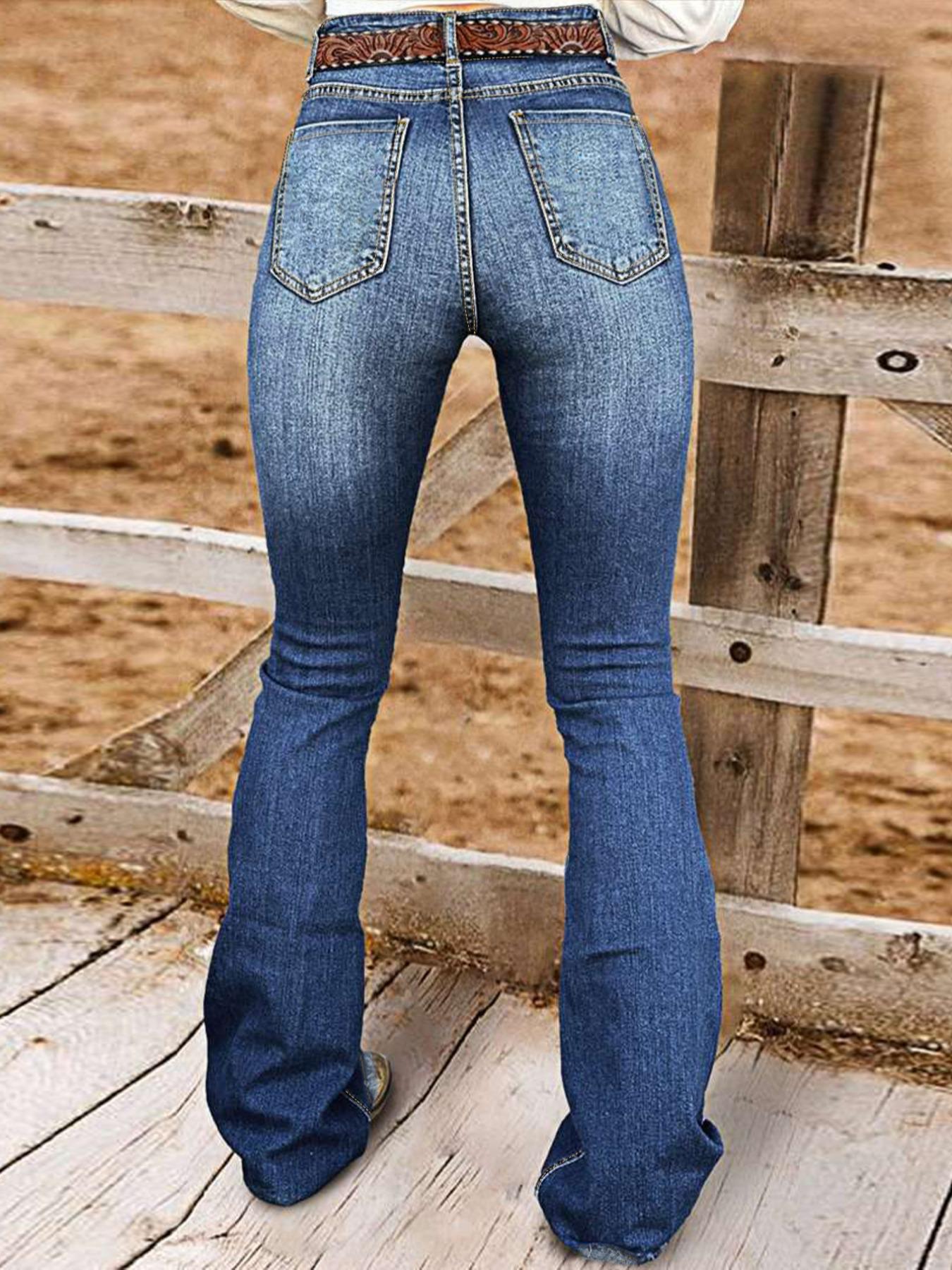 Women's Elastic Casual Denim Flare Pants, Plain Pattern, Slim-Fit Design, All-Season Wear, Moderate Fabric Thickness, No Belt Included