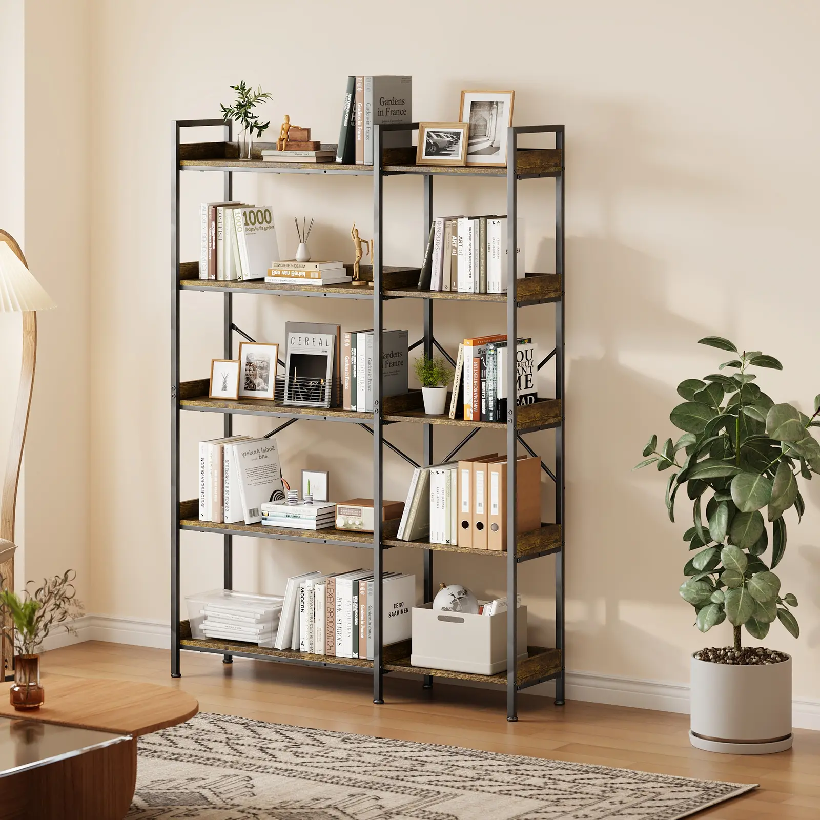 Triple 5 Tier Shelf Bookshelf, Display Book Shelf, Wide Bookcase, Rustic Wooden Shelving Unit,Adds Character to Your Room, Bedroom, Living Room, Home & Office Shelving