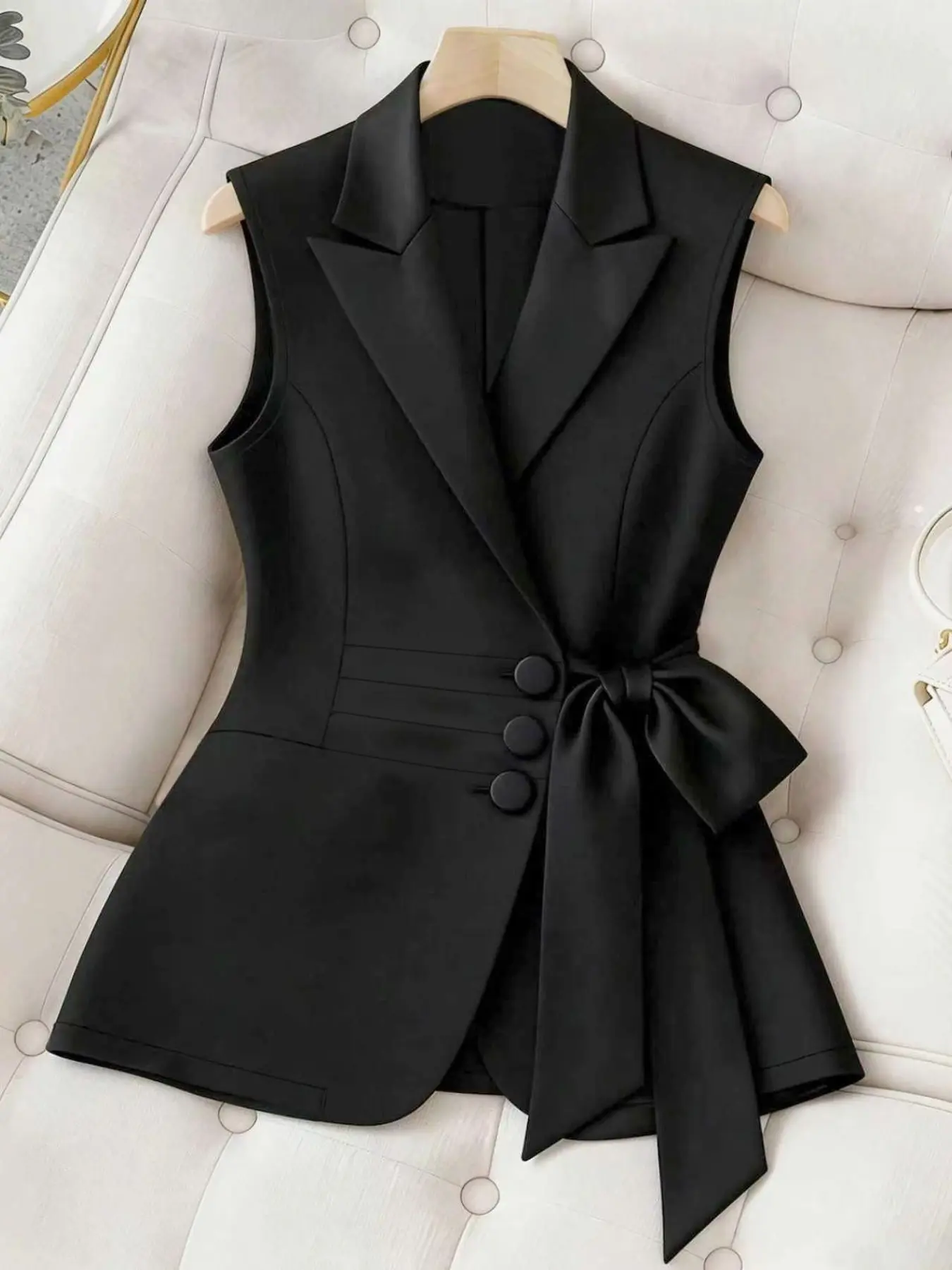 Women's Sleeveless Blazer Vest, Waist Cinch Butterfly Knot Tie Front Button Elegant Formal Business Work Clothes Chic Top, Casual Outerwear, Short Length