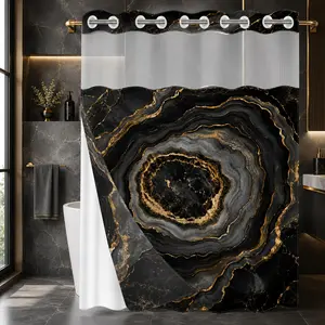 1Pc Hookless Waterproof Shower Curtain, Black Gold Agate Ring Gilded Fluid Abstract Print, Quick Dry Mildew Proof Fabric, Removable Snap-in Liner Accessory, Top See-Through Window, Luxury High-End Divider Curtain 71×74 Inch