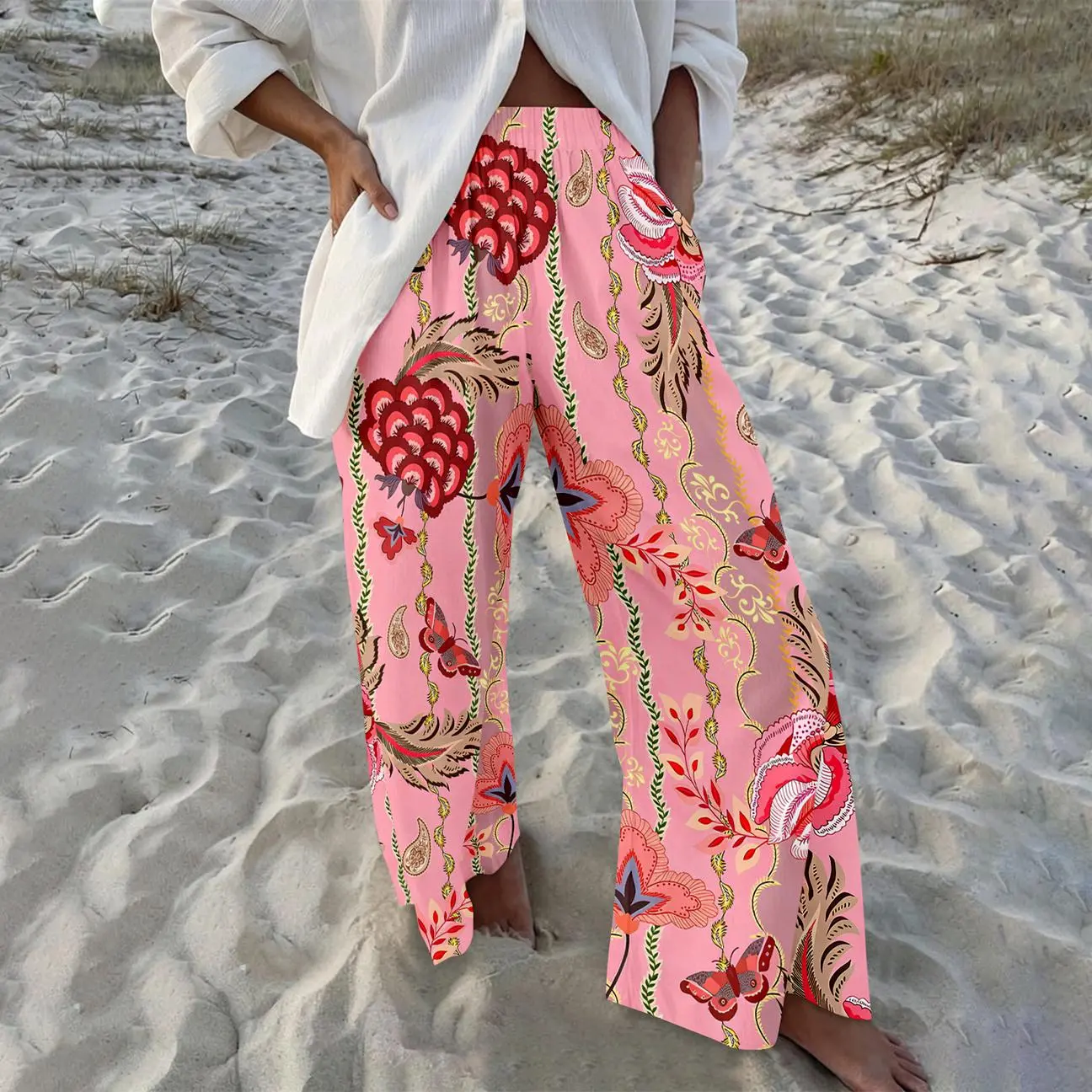 Women's Soft Bohemian Paisley Print High-Waisted Wide-Leg Bottoms, Exotic Vacation Casual Pink Loose Overall Pants, Drape, Comfortable, Elastic, Loose Fit Wide Leg Pants, Boho Pants