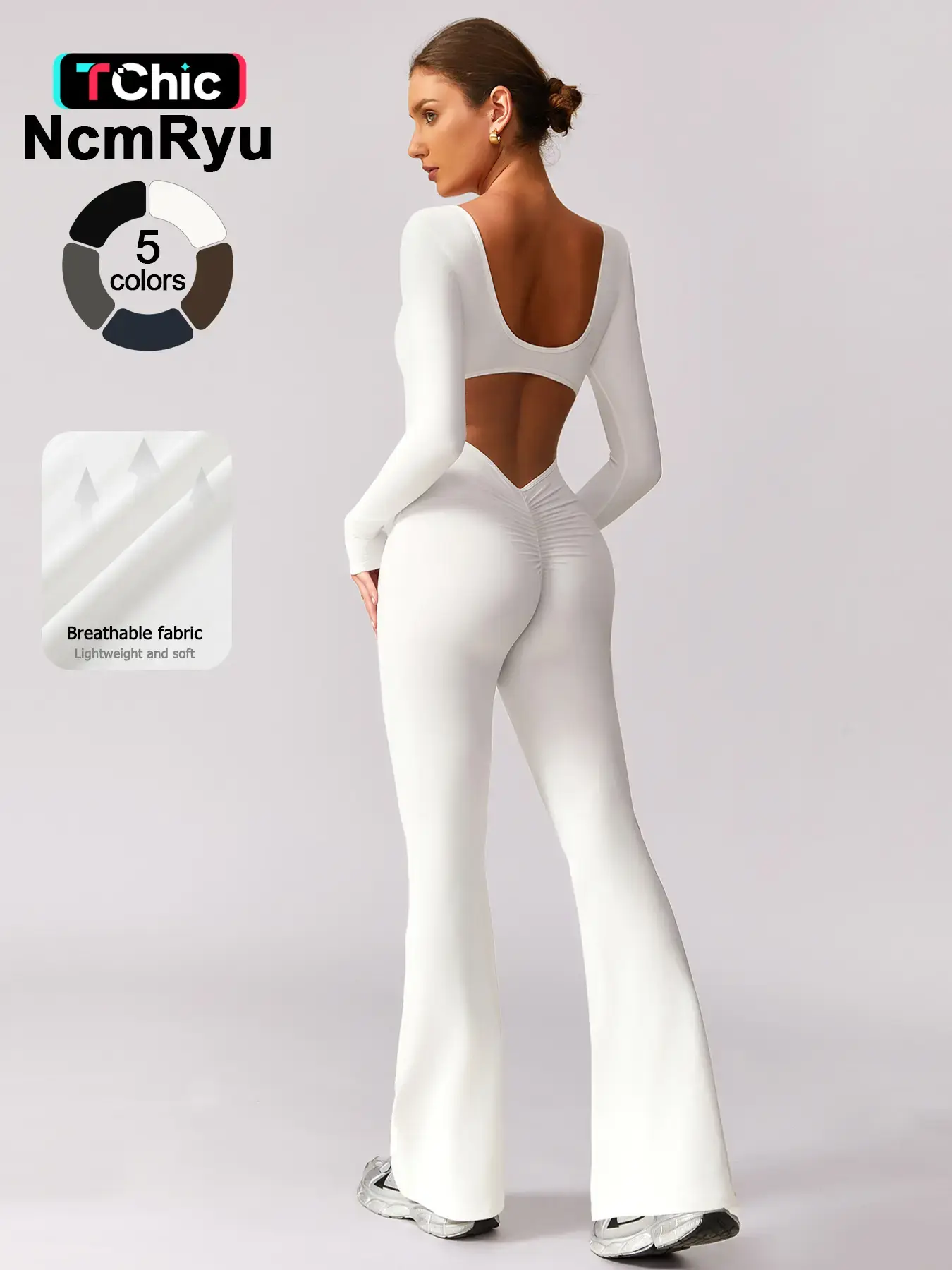 Women's high elasticity long sleeved backless sports jumpsuit, Stretchy Jumpsuit, Activewear Jumpsuit, Workout Jumpsuit, with wide legs and hollow back waist lifting and tight fitting for all seasons golf tennis gym training
