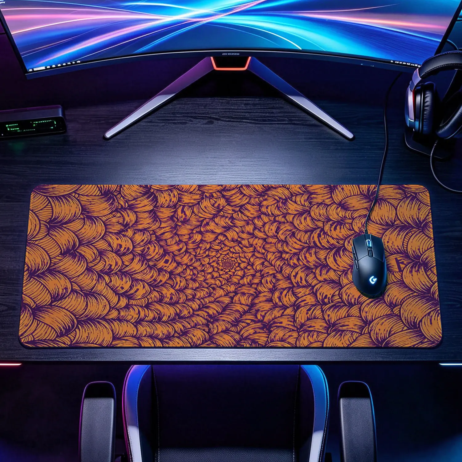 Extra Large Abstract Orange And Purple Spiral Pattern Mouse Pad, Non Slip Rubber Pad, Desktop Decoration Drotection Pad, Washable, Lock Edge Multi Size, Premium Multipurpose Mousepad For Home, Office, Gift for Family and Friends
