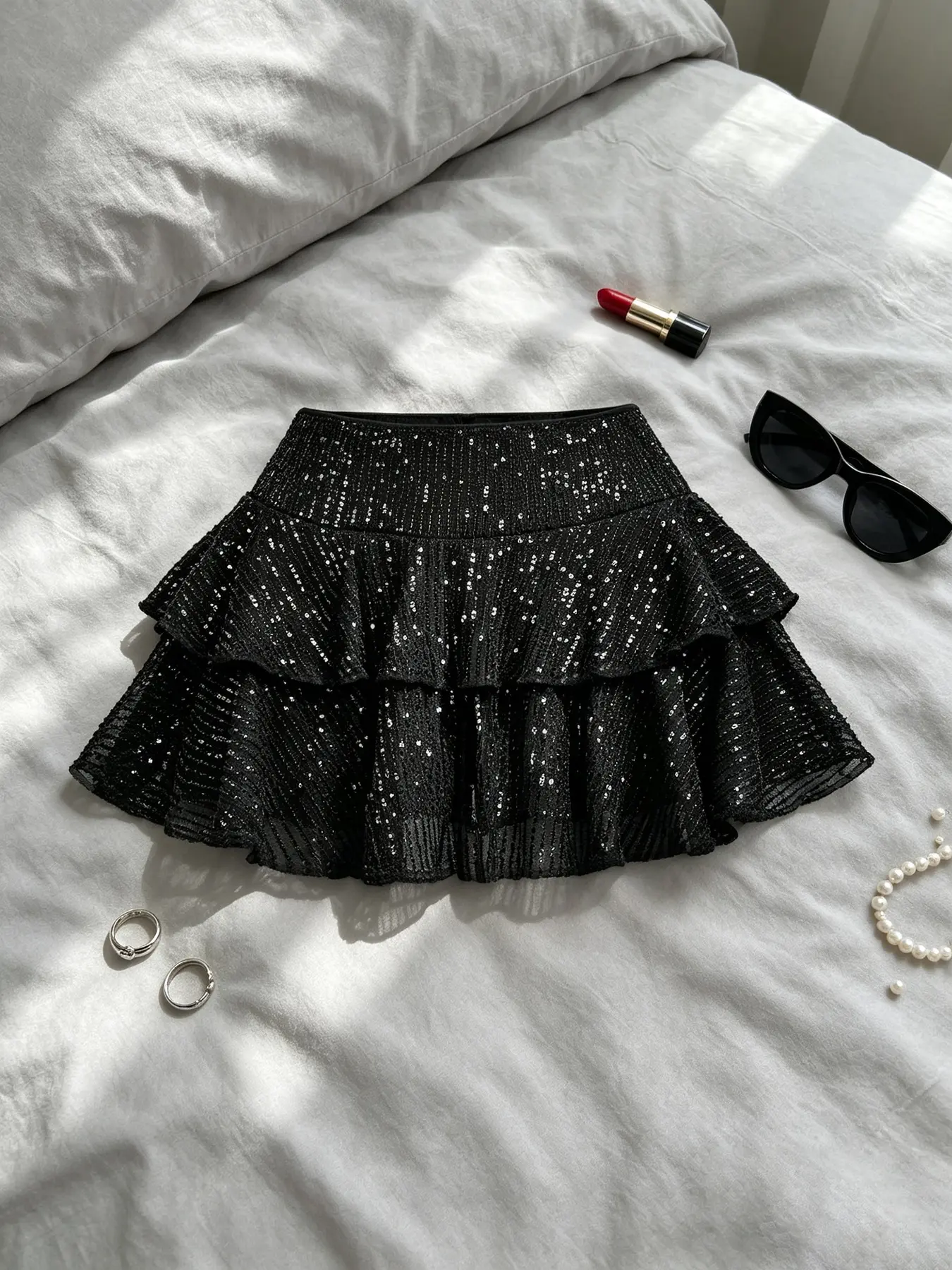 New Women's Sequin Mini Skirt, High Waist Double-Layer Ruffled Mesh Design, Perfect for Daily Shopping, Dates, Parties and Outings