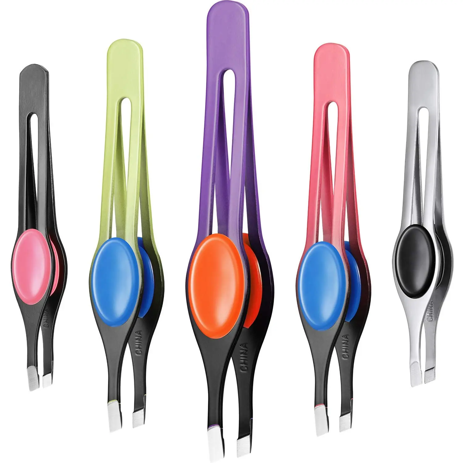 5 Pieces Non-Slip Grip Stainless Steel Slanted Tip Tweezers with Wide Precision Tips for Ingrown Hair, Eyebrow Shaping, Splinter and Blackhead Removal (Colorful Rubber Grip)