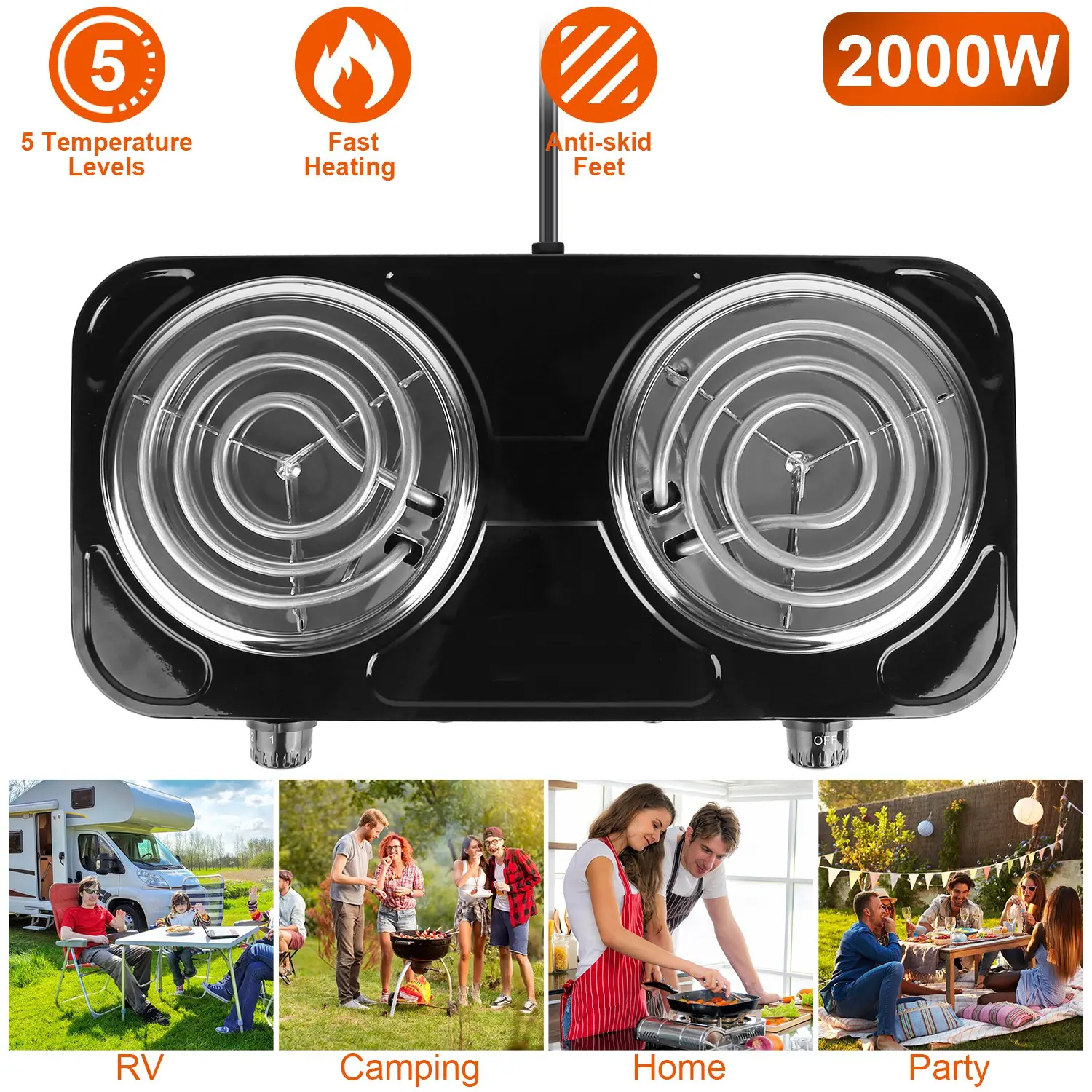 2000W Portable Electric Double Burner Hot Plate - Camp Kitchen Countertop Stove with 5 Temperature Settings for Camping, RV Use