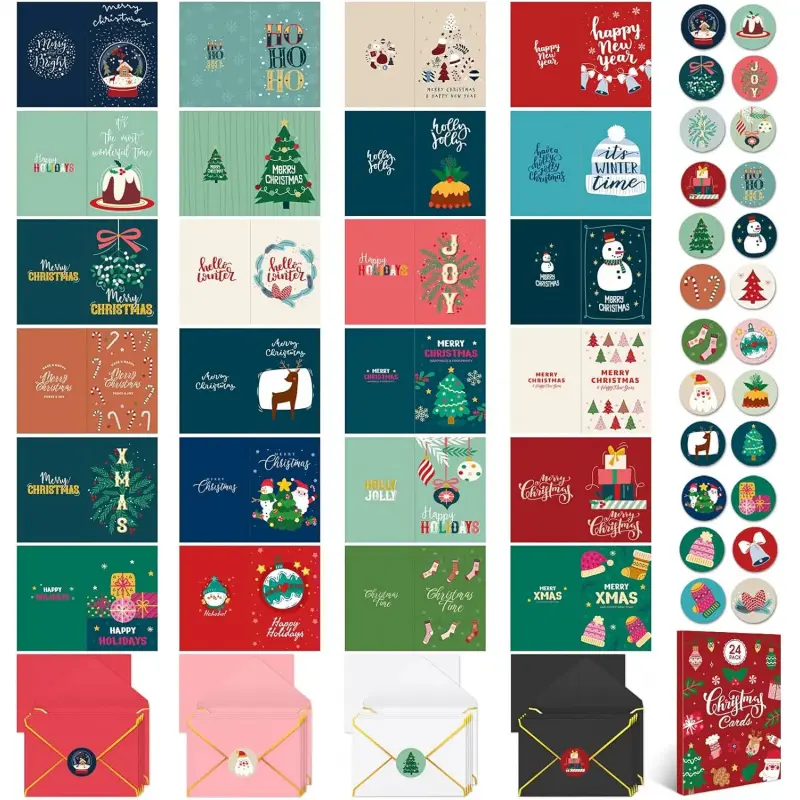 24 Pack Foiled & Glittery 6x4in Assorted Box Christmas Cards with Envelopes and Stickers 24 Festive Designs Christmas Card Set with Printed Message Inside