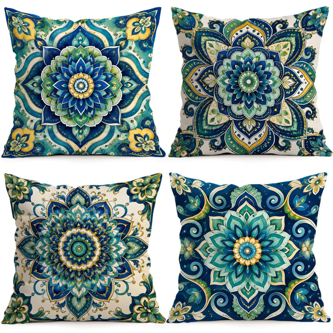 4pcs Blue Green Mandala Pattern Cushion Covers, Single Side Print, Living Room Bedroom Home Decor, All Season Use, No Pillow Insert