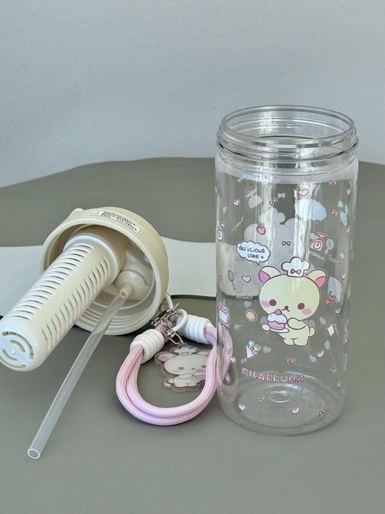 600ml Anime Kawaii Rilakkuma Plastic Straw Cup Girls Cartoon Children Outdoor Portable Large Capacity Sports Water Bottle Gifts
