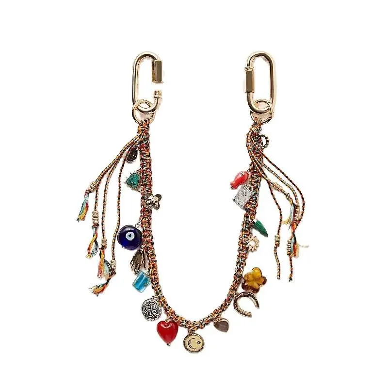 Trendy Woven Evil Eye Keychain with Geometric Metal Heart Pendant, Unique Personality Hand Braided Rope Bag Charm Protection Amulet Key Accessories Gift for Women Teen Girls