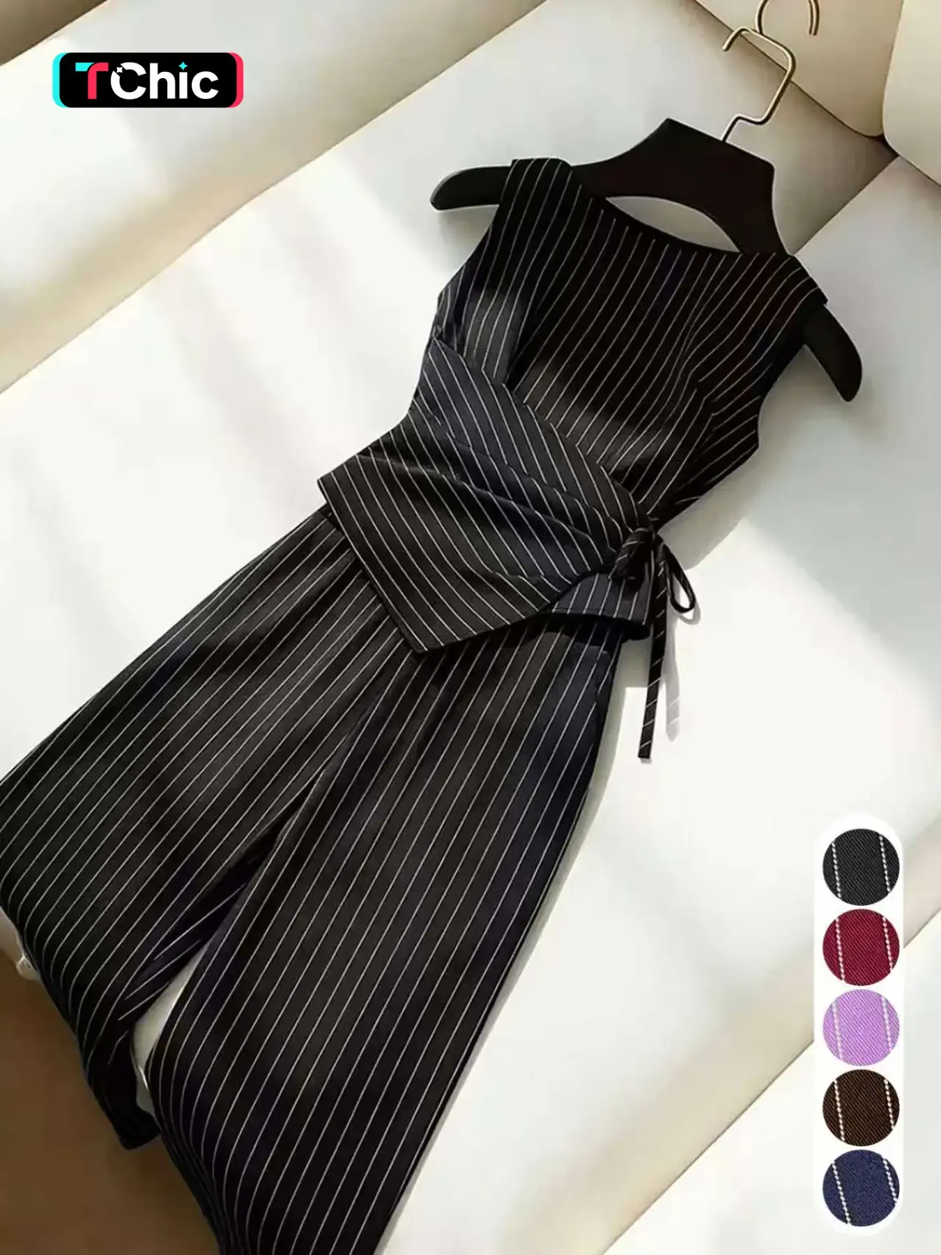 Striped Sleeveless Commuter Two-Piece Set Matching, Vertical Stripes Slimming Office, Elegant Casual Stripe Suit, All-Season Business Wear Polyester