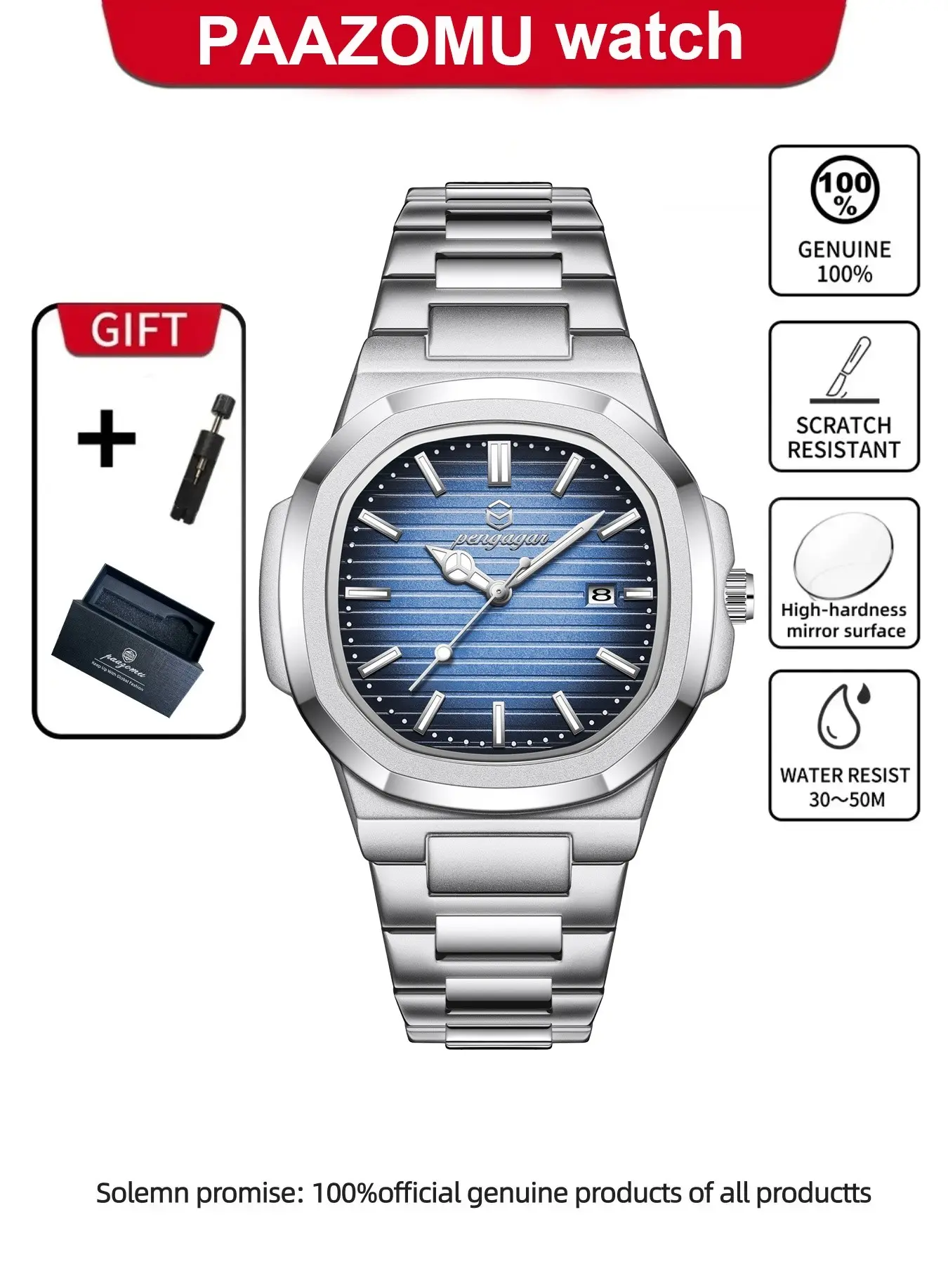 Bestselling Waterproof Glow-In-The-Dark Calendar, Luminous Dial, Stainless Steel Ultra-Thin Quartz Analog Wristwatch, Fashionable Waterproof Wristwatch, Trendy Business Men's Watch for Students