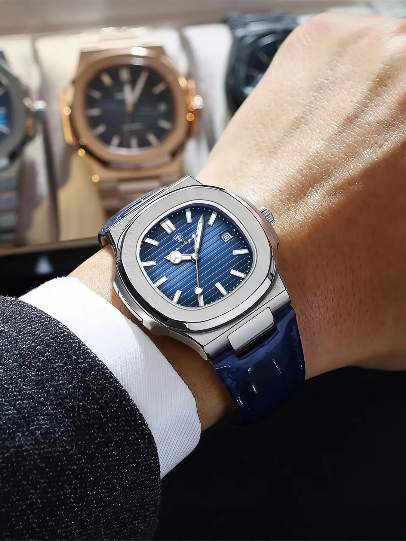 Men's Fashion Luminous Waterproof Analog Watch with Date Display, Stainless Steel Case, PU Leather Strap, Quartz Movement, Casual Trendy Wristwatch