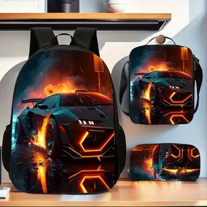 Race car Three-piece backpack combination, cartoon large capacity backpack, portable laptop bag, suitable for holiday or birthday gifts, daily commute