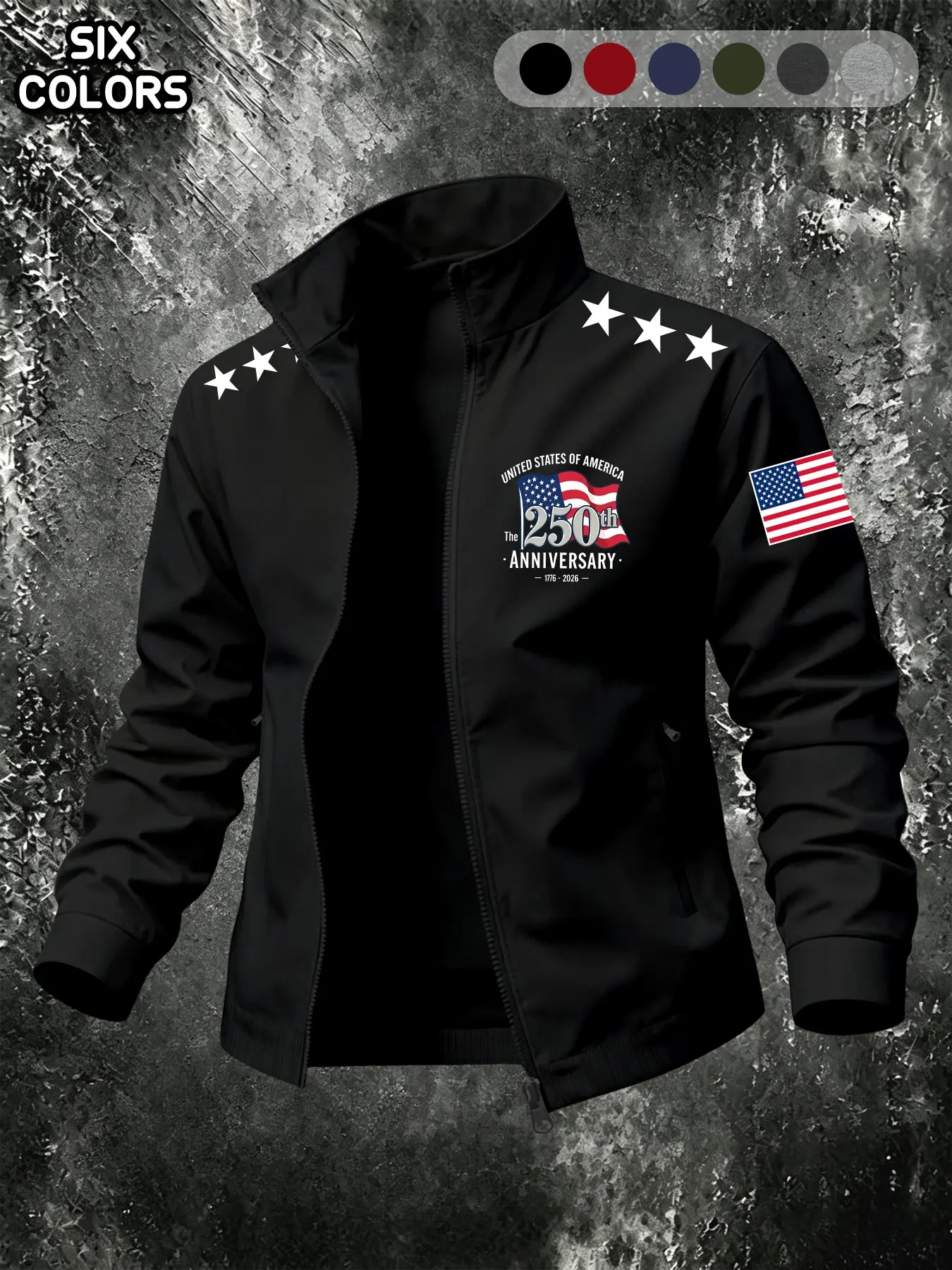 American 250th Anniversary Lapel Long Sleeve Jacket for Men, Flag Star Casual Full Zip Pocket Workwear Coat, Six Colors Available, Versatile Outerwear