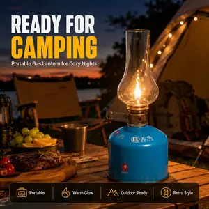 Outdoor Camping Gas Lantern, Vintage Glass Shade, Portable Camp Lighting, Tent, Picnic Table, BBQ, Night Camping, Warm Light, Foldable Handle