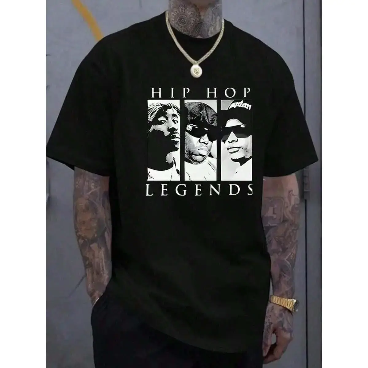 Men'S Hip Hop Legends Graphic Tee - Casual Black Short Sleeve T-Shirt With "HIP HOP LEGENDS" Print, Comfortable Summer Style For Adults, Casual Wear Tee |     Hip Hop Design |     Comfortable Fit, Hip Hop T Shirts Graphic Tees Men's Shirts