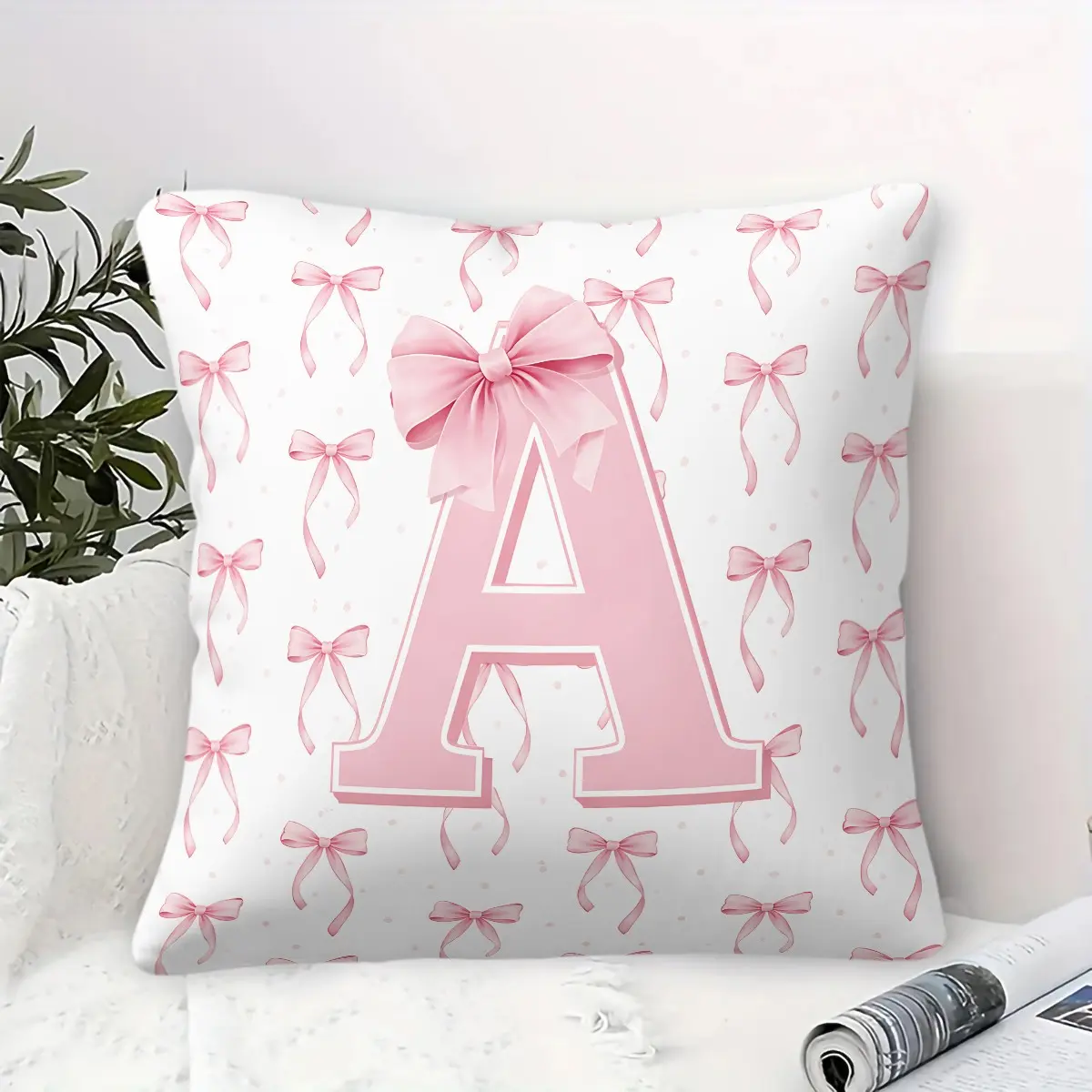 Pink Coquette Bow Initial A-Z Throw Pillow, Sweet Ribbon Monogram Cushion Accent Pillow, Includes Pillow Core, Soft Square Home Decor Pillow for Sofa Couch Bedroom Dorm, Gift for Teen Girls & Women, Decorative Cushion