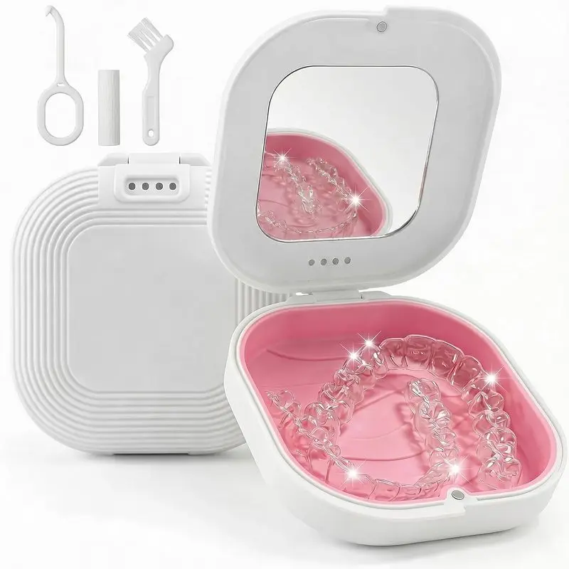Retainer Case with Mirror and Vent Holes for Invisalign, Aligner Case Kit with Removal Tool, Cleaning Brush, Magnetic Seal and Travel Ready Design for Gym Bags