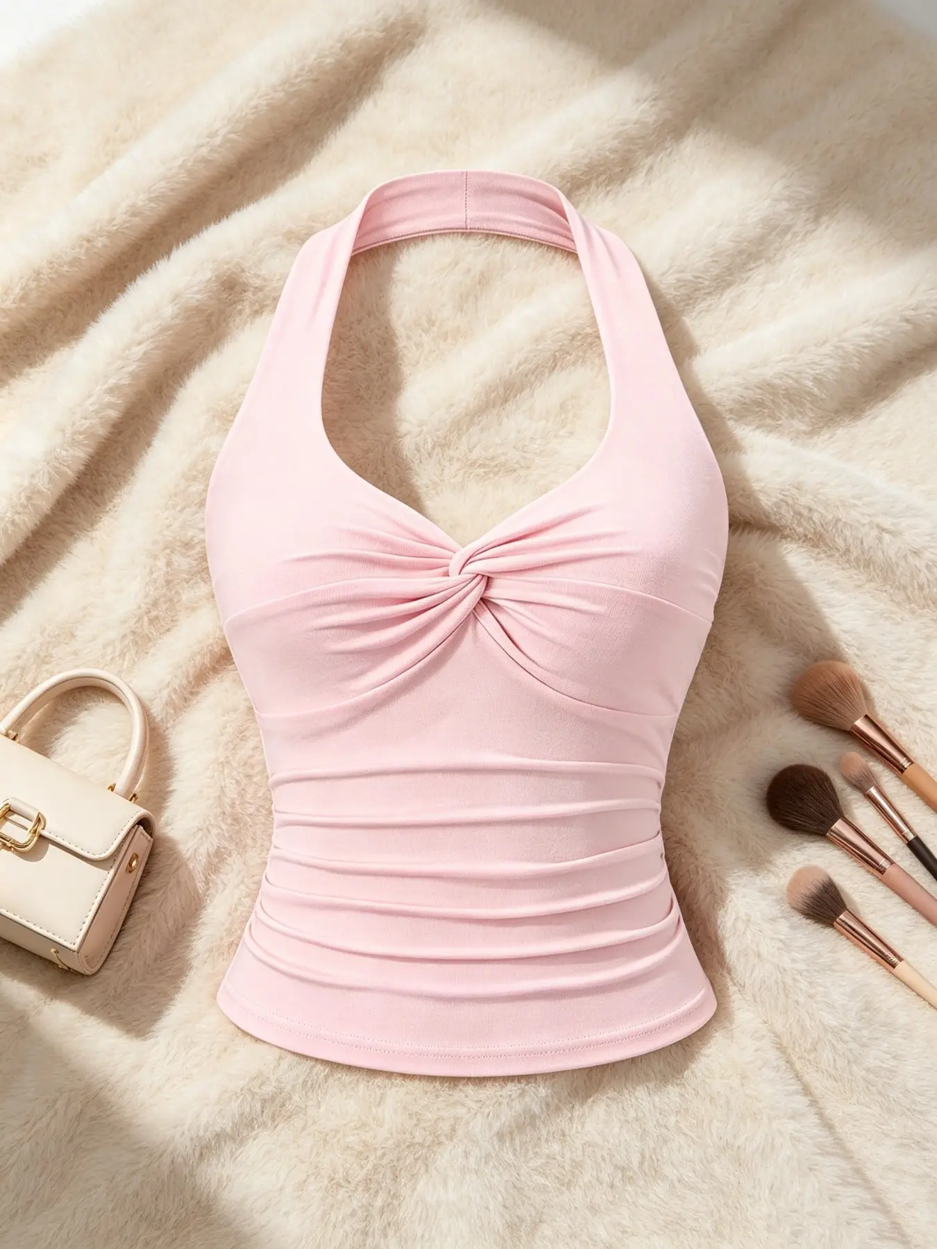 Women's Minimalist Solid‑Color Halter Top, Casual Knot V‑Neck Ruched Slim‑Fit Sleeveless Crop Top, Elastic Backless Top for Summer