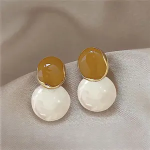 Brown Enamel Oil Beige Acrylic Dangle Earrings for Women Irregular Double Oval Drop Earrings Statement Geometry Trendy Jewelry
