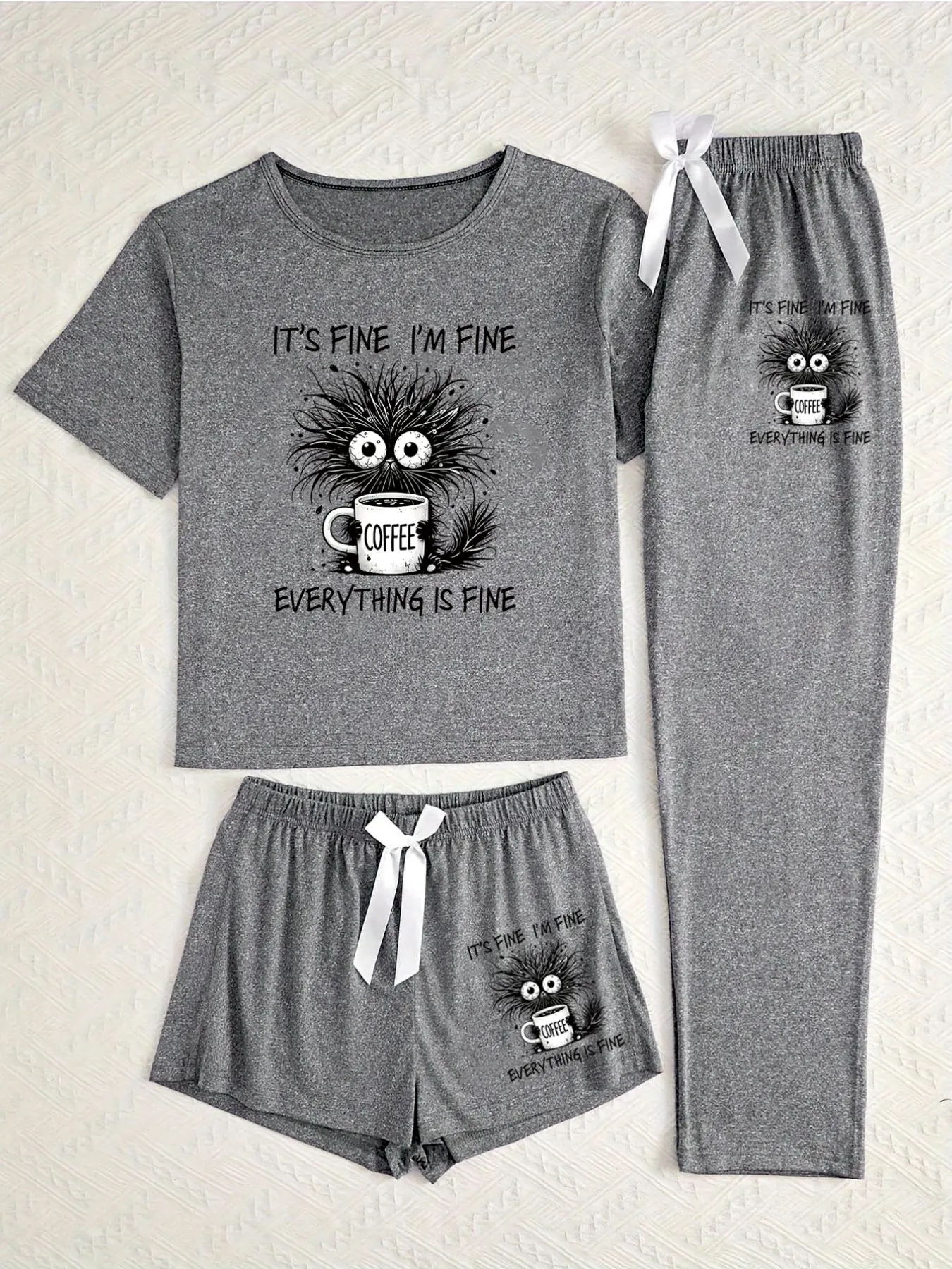 Women's Cartoon Cat Print Pajamas, Comfortable Home Wear Set, 3-Piece Lounge Pjs Set, All-Season Casual Sleepwear