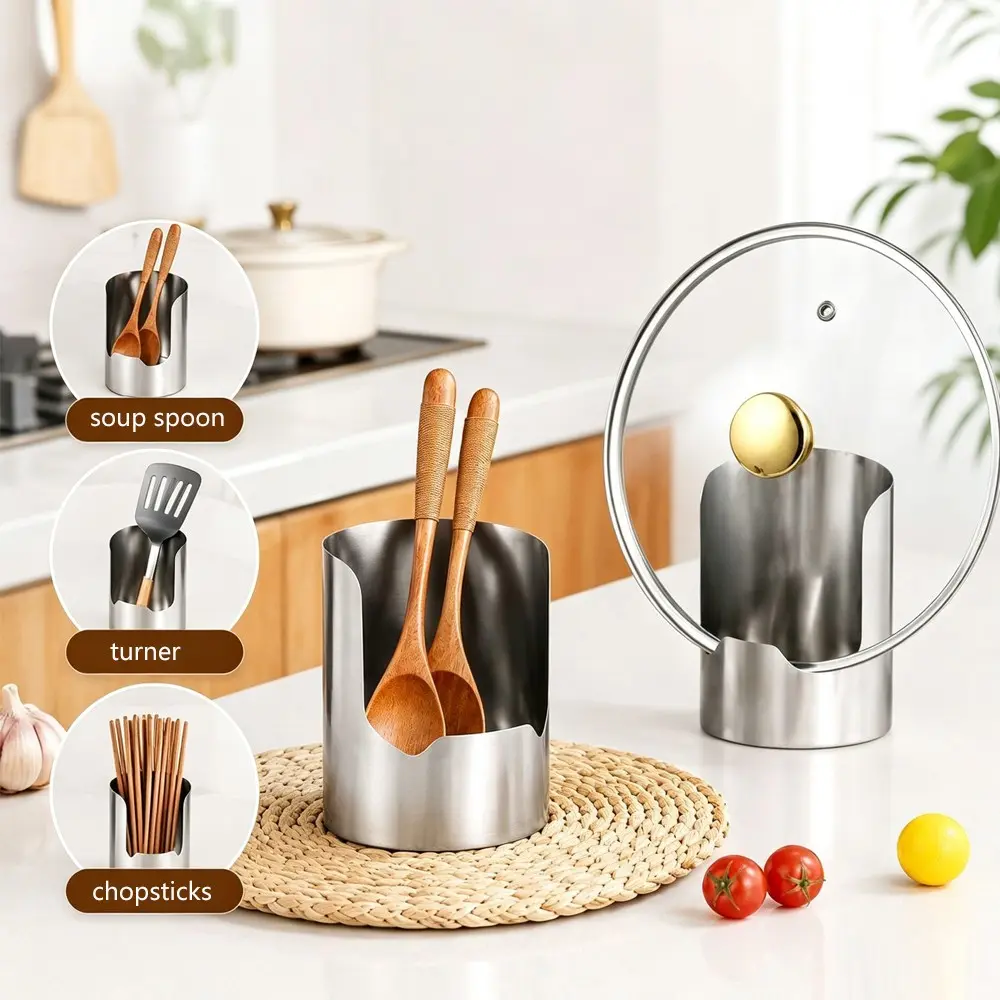 New Stainless Steel Pot Lid Holder, Multifunctional Spoon & Spatula Rest Stand, 1 Count Kitchen Utensil Rack for Ladles, Cutlery & Cookware Countertop Storage Organizer, Kitchenware