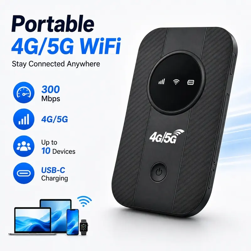 4G LTE Mobile WiFi Hotspot Portable Pocket Router, SIM Card Travel WiFi with Rechargeable Battery, Connects Up to 10 Devices for RV, Camping, Hiking, Remote Work