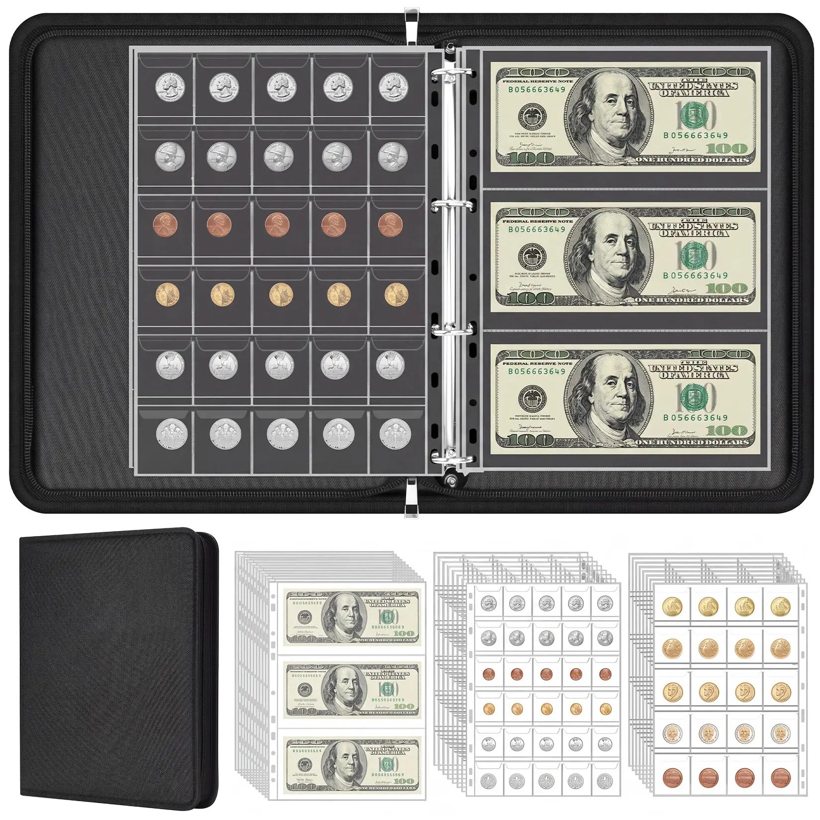 Fireproof Coin & Currency Album - PU Leather Binder Storage Organizer with PVC Sleeves, Holds 400 Tokens & 36 Banknotes, Offers Long-Lasting Protection, Easy Access, Maximum Capacity & Organization for Secure Memorabilia Collections, Organized Collections