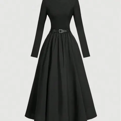 Women's Solid Color Long Sleeve Dress with Belt, Classy Modest Dresses, Elegant Fashion Casual Round Neck Dress for Daily Outdoor Wear, Women Dress for Spring & Fall, Modest Style Dress