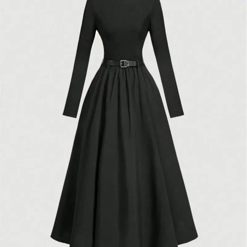 Women's Solid Color Long Sleeve Dress with Belt, Classy Modest Dresses, Elegant Fashion Casual Round Neck Dress for Daily Outdoor Wear, Women Dress for Spring & Fall, Modest Style Dress