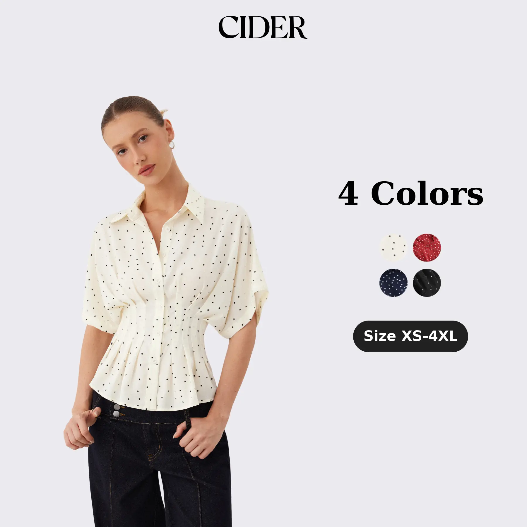 Cider Chiffon Polka Dot Ruched Cinched Waist Batwing Sleeve Blouse