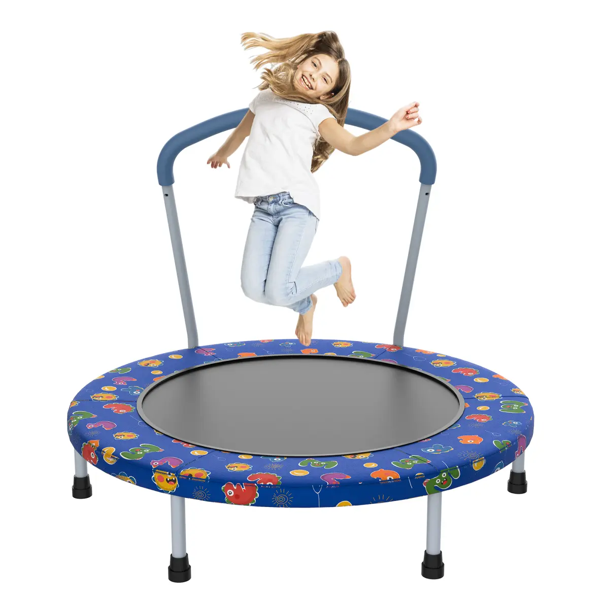 36-Inch Mini Trampoline for Toddlers, Indoor/Outdoor Jumper with Handle Bar, Playful Printed Steel Frame for Unisex Kids, 150 LBS Capacity