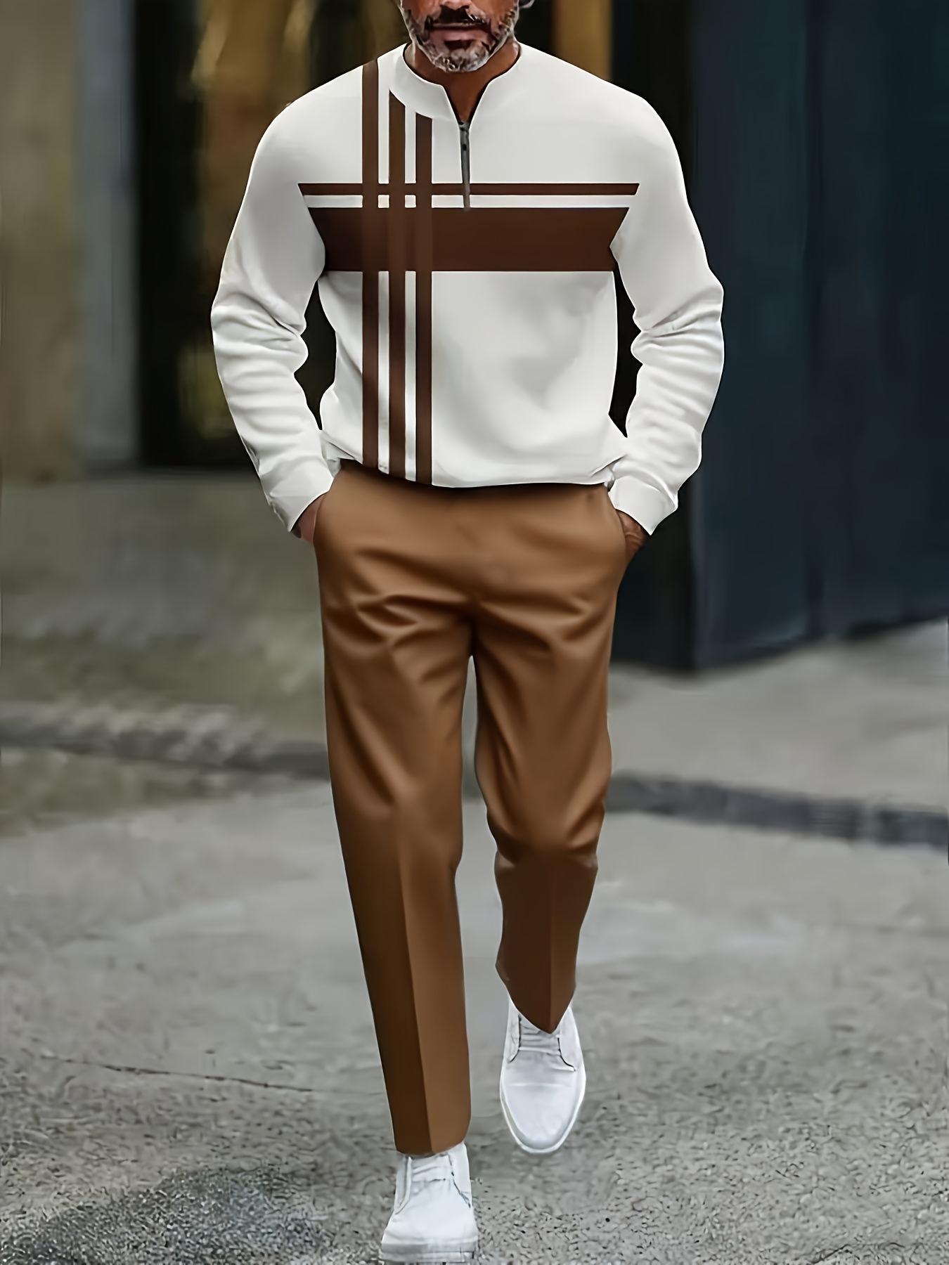 Half Zipper Fashion Casual Set with Trendy and Personalized Stripe Design, Simple, Comfortable and Versatile