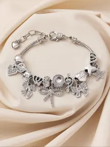 Women's Elegant Bow & Heart Design Charm Bracelet, Exquisite Trendy Charm Bracelet, Fashionable Jewelry for Women & Girls As Gift, Adjustable Bracelet, Heart Shaped Bracelet