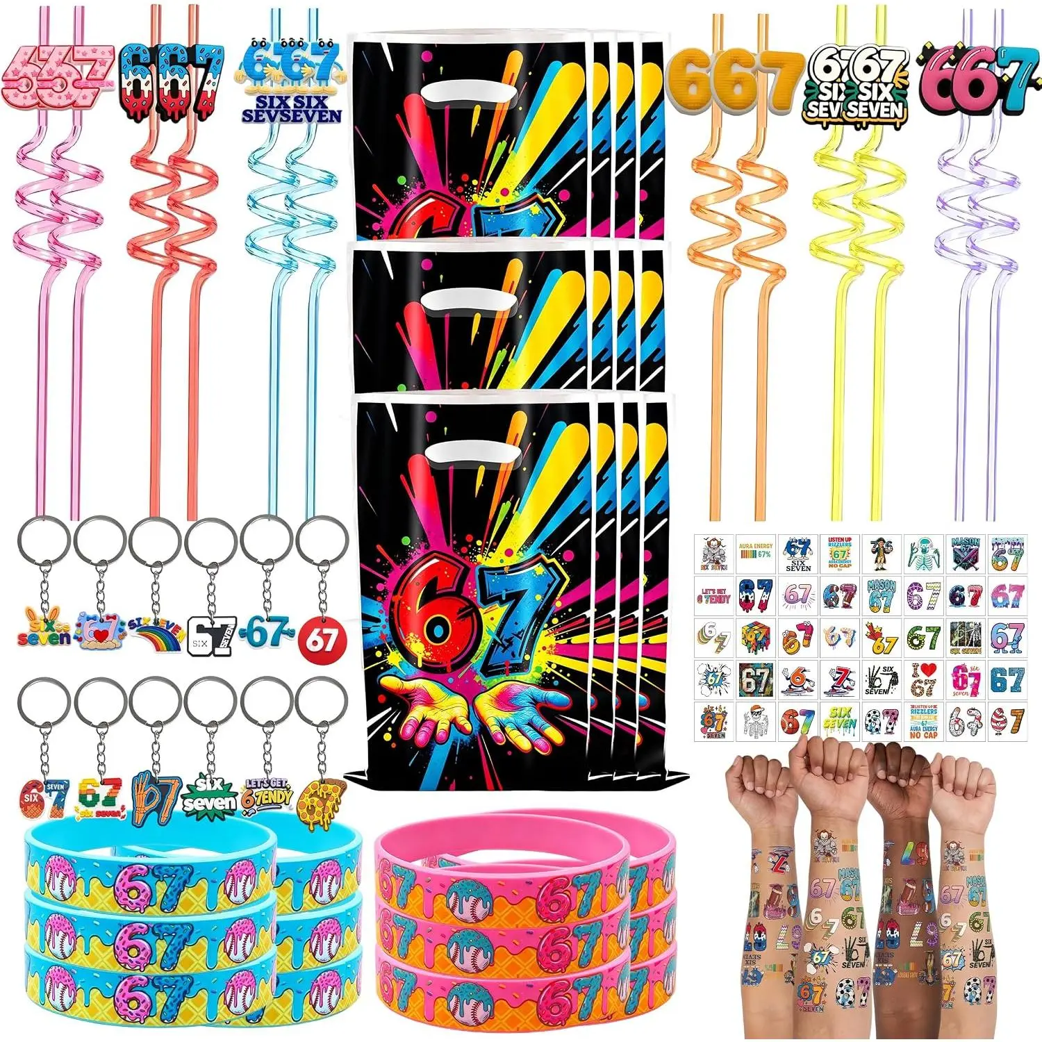 68-Piece 6-7 Happy Birthday Party Favors Set, Including Meme Drinking Straws, Silicone Wristbands, Keychains, Temporary Tattoos, Gift Bags, Goodie Bag Fillers for 6-7 Brainrot Lovers' Party Decorations