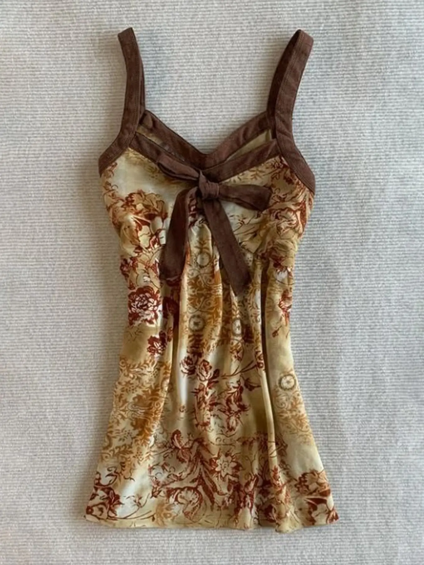 Summer French Vintage Floral Print Lightweight Mesh Spaghetti Strap Halter Top, Butterfly Knot Tie Design, Slimming Short Sleeve Upper Garment, Fashionable Women's Clothing, Cami Tank Top