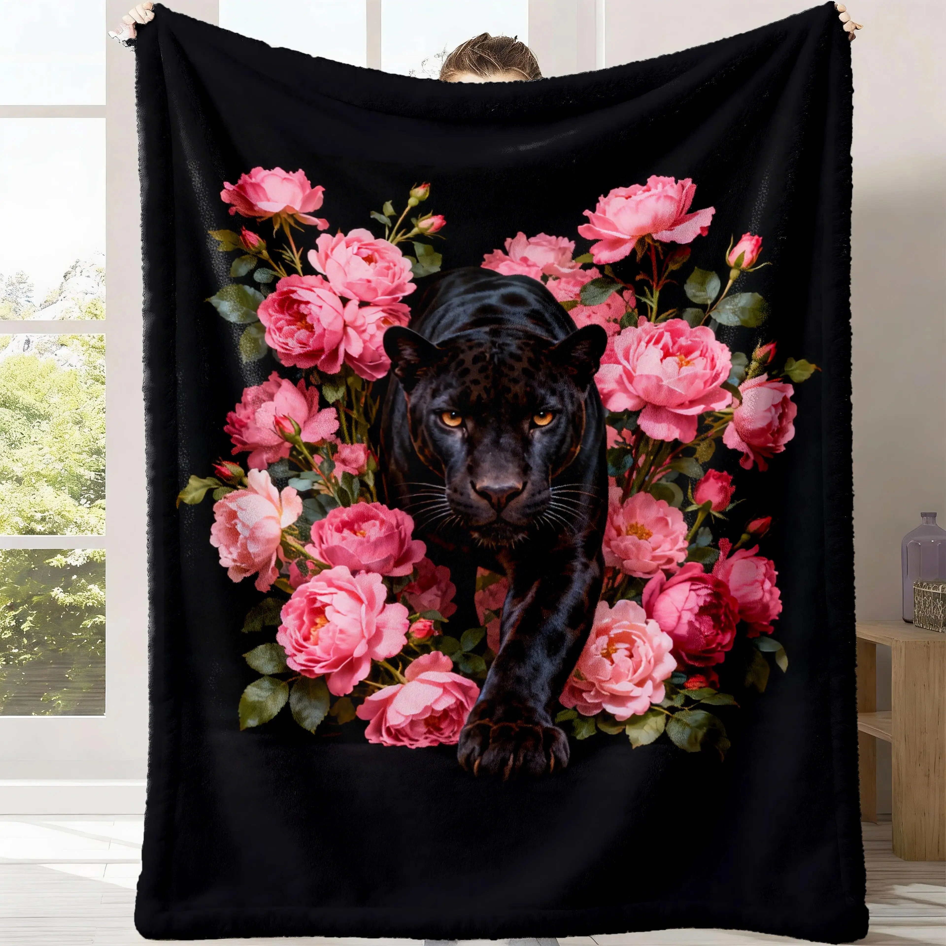 Black Panther Pink Peony Flannel Fleece ThrowBlanket Ultra Soft HD Print Floral Animal Design NonShedding Warm Cozy Lightweight Sofa Couch BedroomHome Decor Unique Gift, Cozy Throw Blanket, Flannel Cozy Blanket