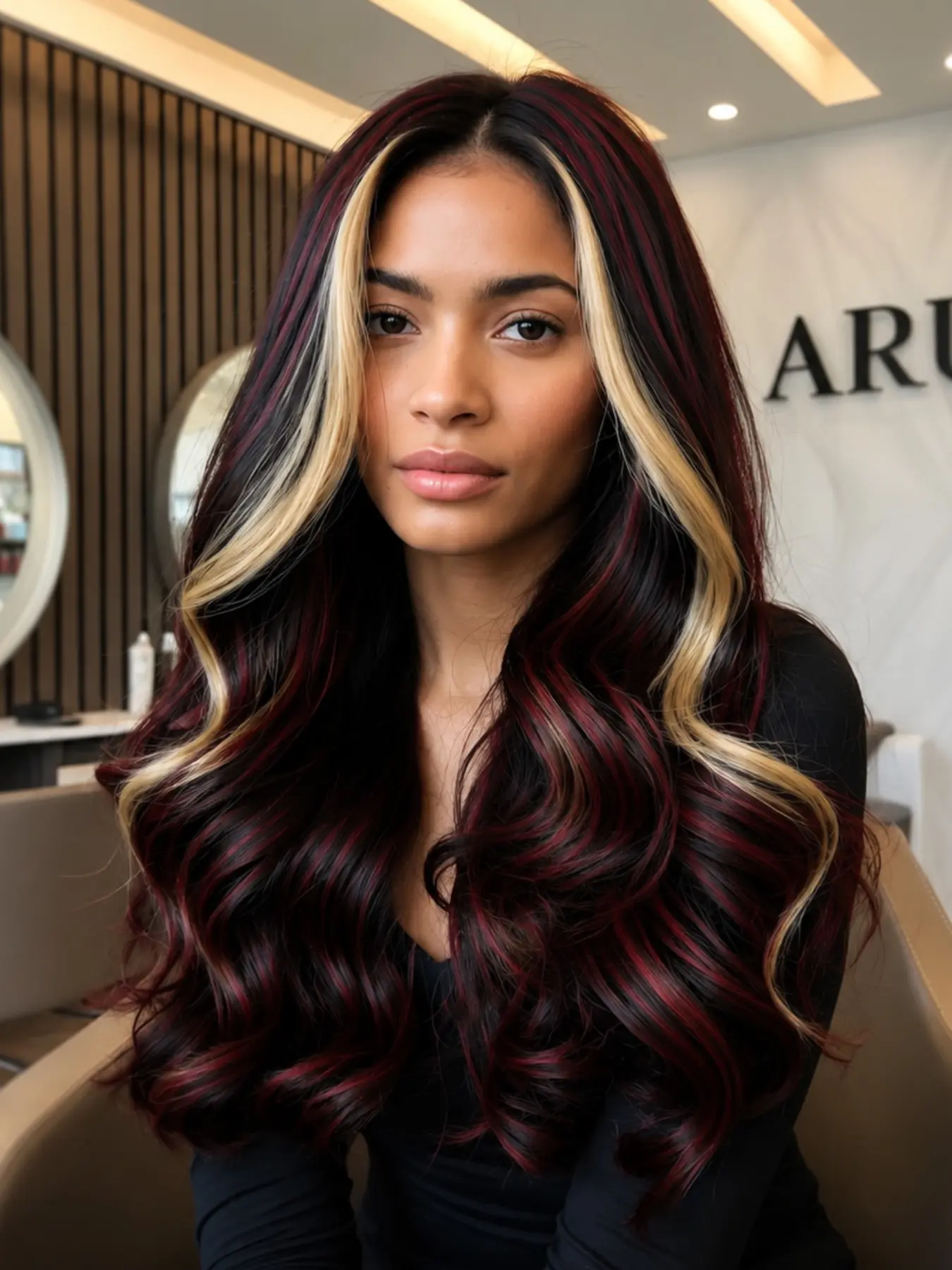 26 Inch Black with Red and Blonde Highlights Body Wave Lace Front Wig Heat Resistant Synthetic Hair Glueless Natural Hairline for Daily & Party Wear