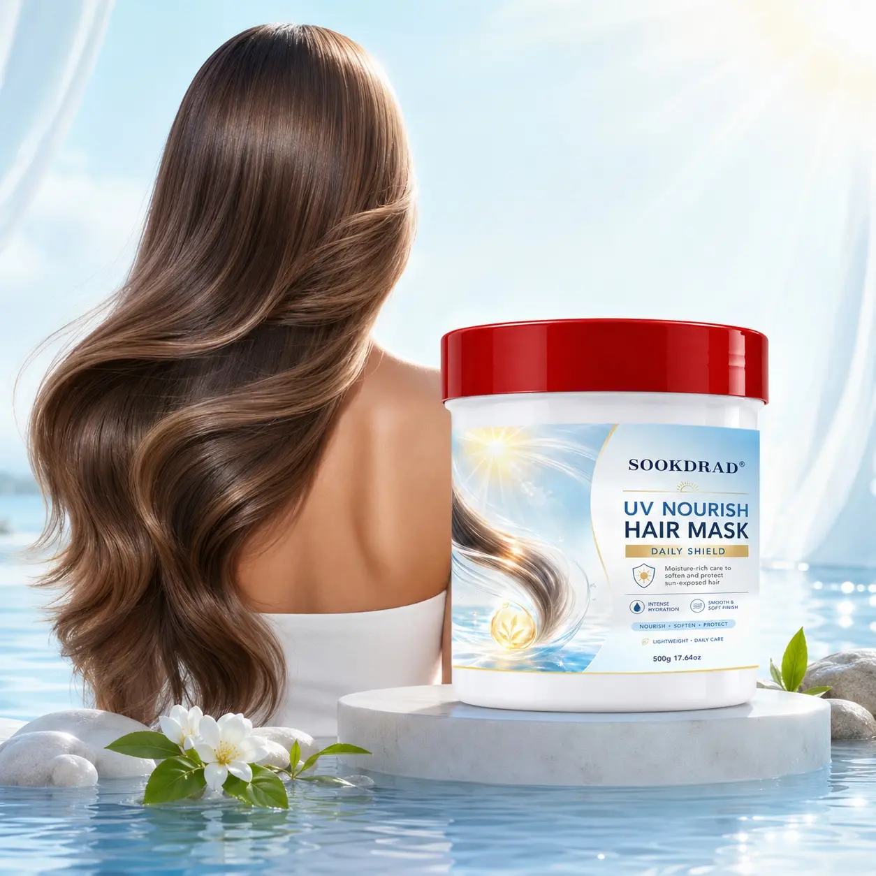 UV Nourish Hair Mask, moisture-rich care, intense hydration, smooth and soft finish, nourish, soften, protect, lightweight, daily care, sun-exposed hair care, hair, 17.64oz, daily shield, 500g