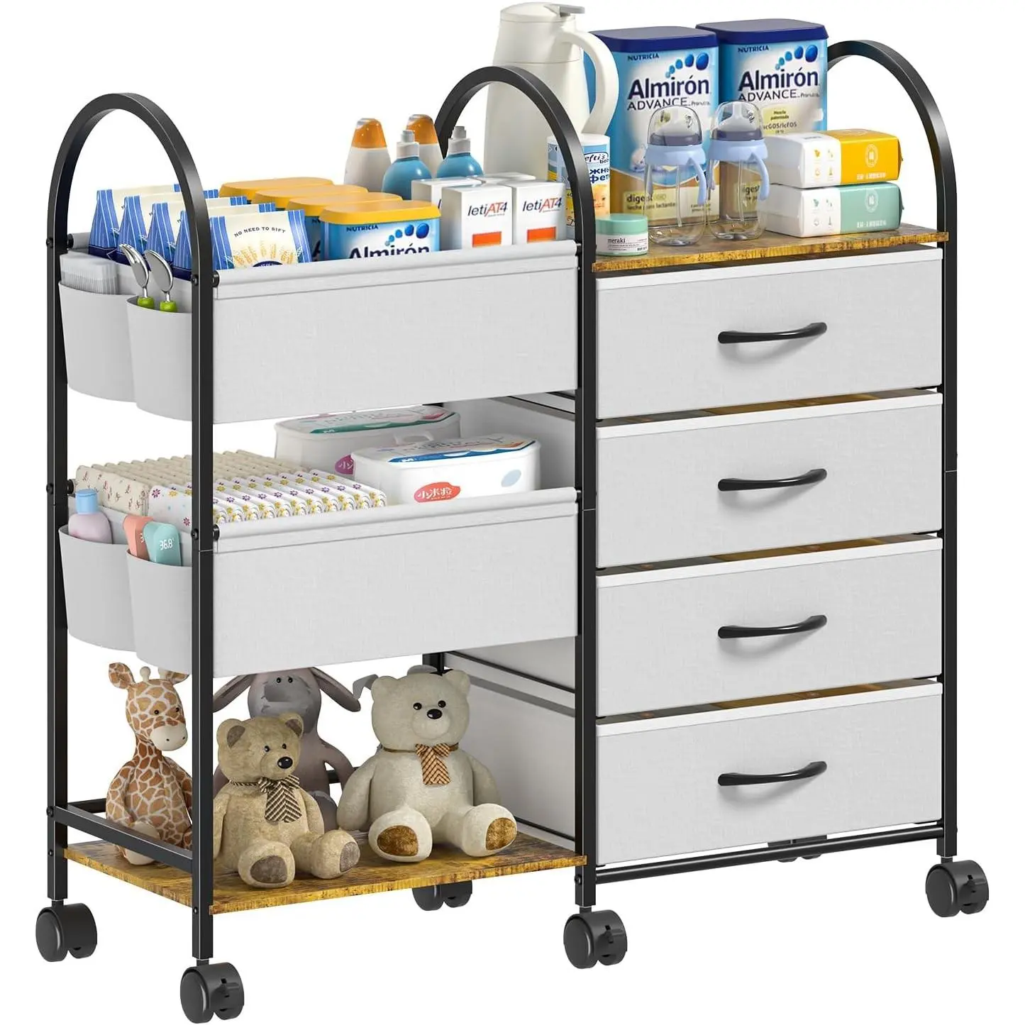 Baby Diaper Caddy Organizer Cart with Wheels, 4-Tier Rolling Diaper Cart with Dividers and Drawers, Multi-Layer Nursery Storage for Diapers & Baby Essentials