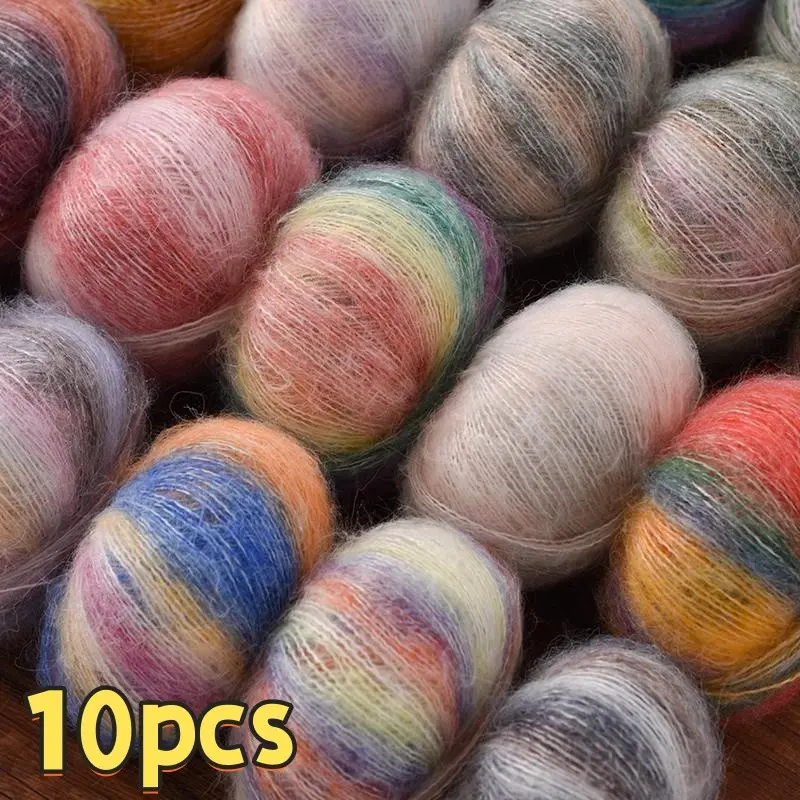 10 Skeins Gradient Mohair Silk Yarn, Rainbow Hand Knitting Yarn for Scarf, Hat and Shawl, Luxury Chunky DIY Knitting Supplies