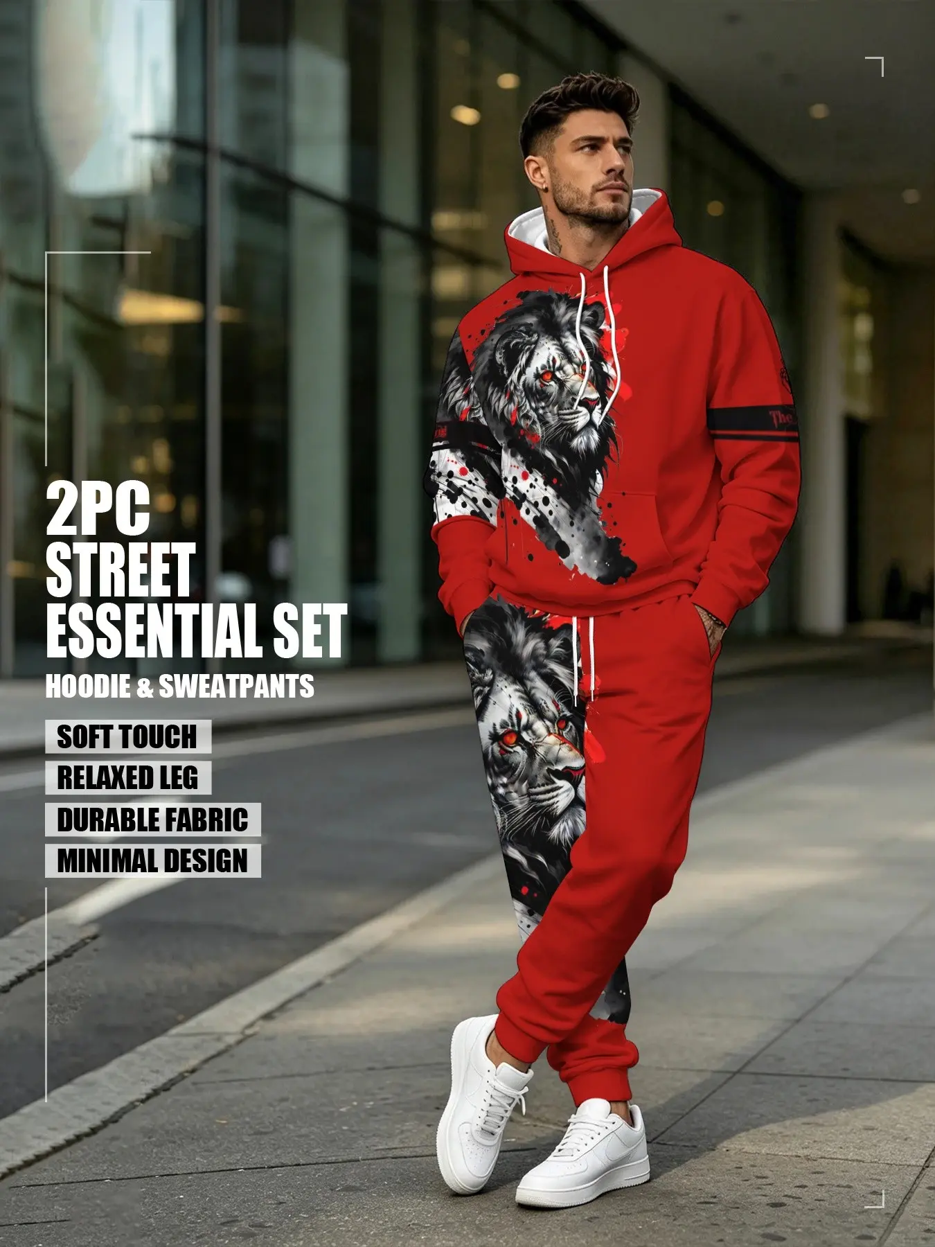 Men's Casual 3D Print Fabric Hoodie Set, Lion Ink Design, Long Sleeve Fitted Top & Pants, Fall Winter Fashion, Sporty Style, Menswear