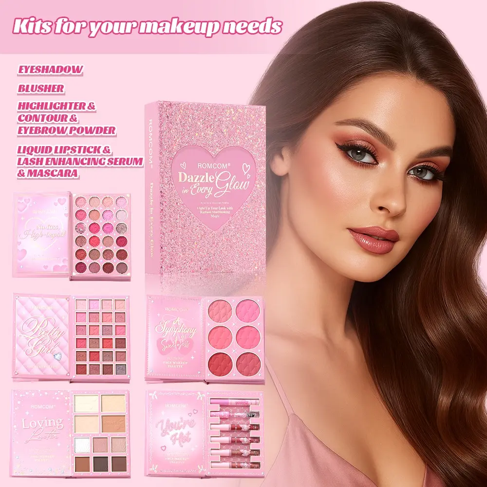 Romcom Dazzle Glow Makeup Book Palette, Multi-Page Eyeshadow Blush Highlighter, Pigmented Shimmer Matte, Full Face Cosmetic Kit