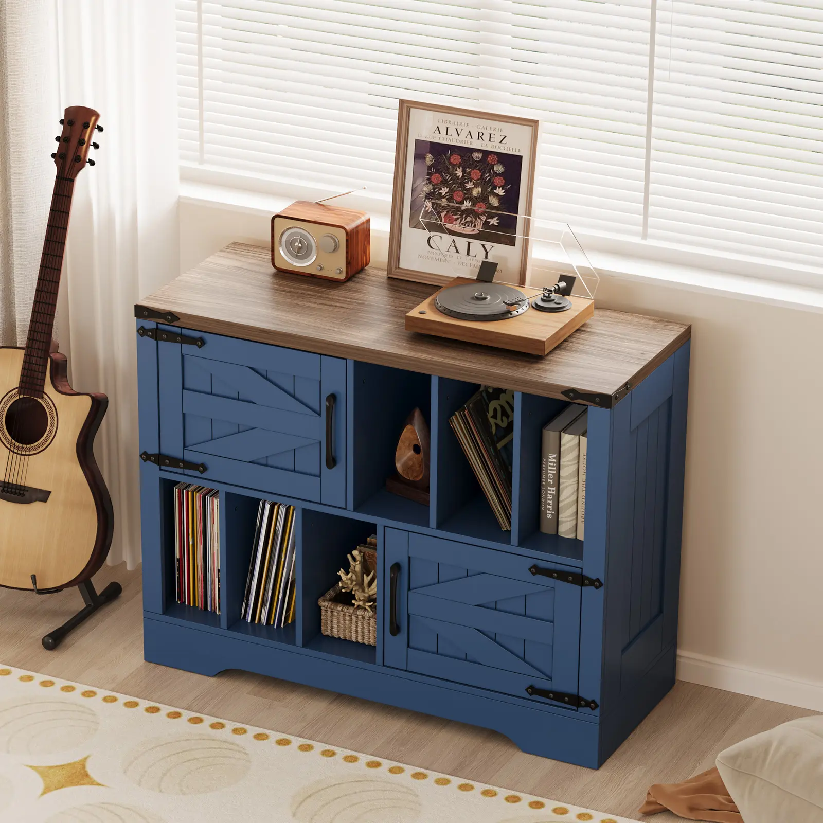 Garvee Farmhouse Record Player Stand – 39" Vinyl Storage Cabinet with 6 Open Cubbies – 2 Barn Doors – Rustic Media Console for Living Room or Bedroom – Holds Vinyl Albums and Audio Equipment – Blue Finish