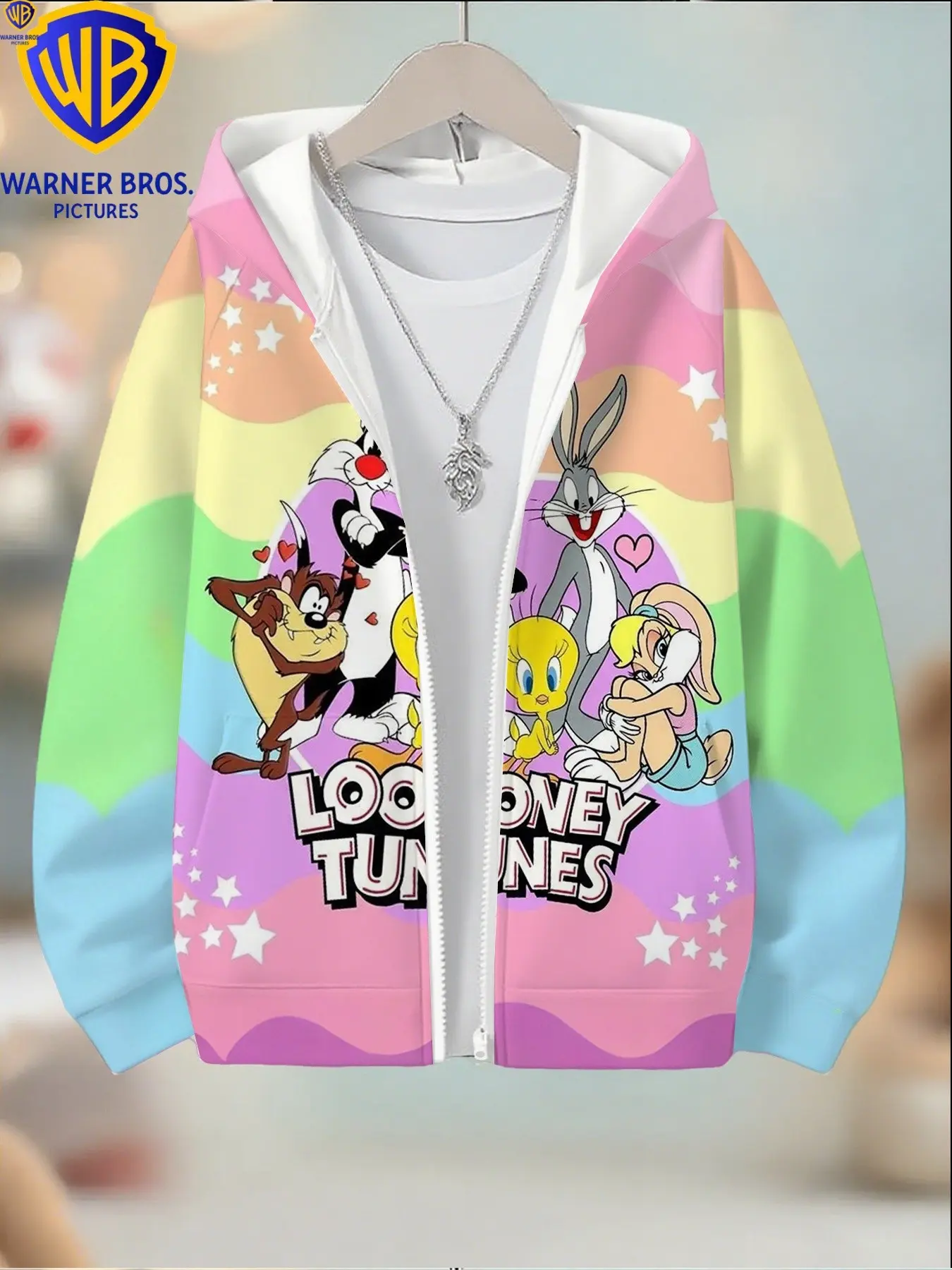 Warners Bros Official Girls' Looney Tunes Hoodie, Rainbow Wave Star Pattern, Long Sleeve Zipper Jacket, Perfect for Christmas, Halloween, Birthday Gifts