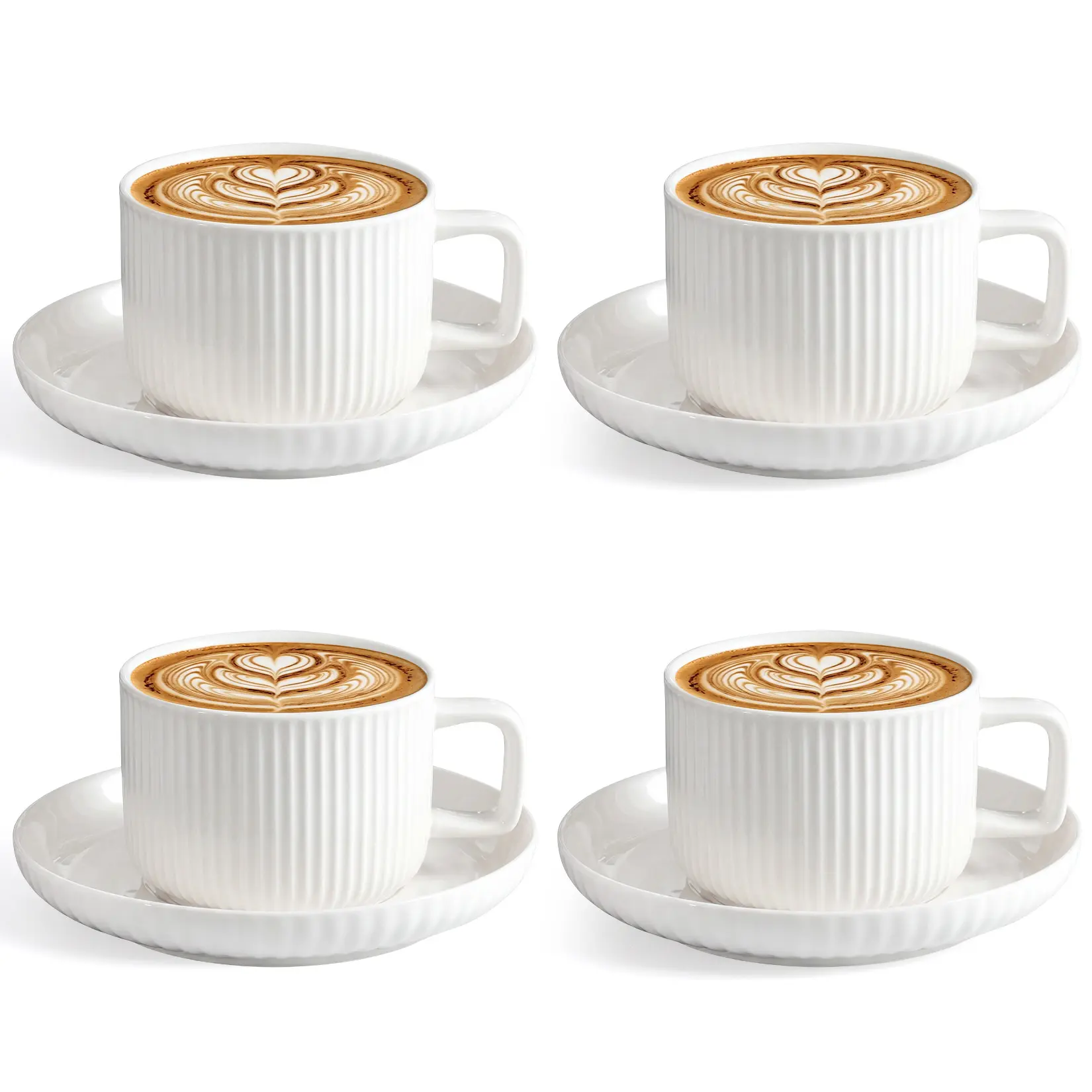 4-Piece Ribbed Ceramic Coffee Cups with Saucers Set | Minimalist White Cappuccino Mugs for Latte Art | Microwave & Dishwasher Safe Drinkware | Elegant Ideal Gift for Weddings, Housewarming & Home Cafe
