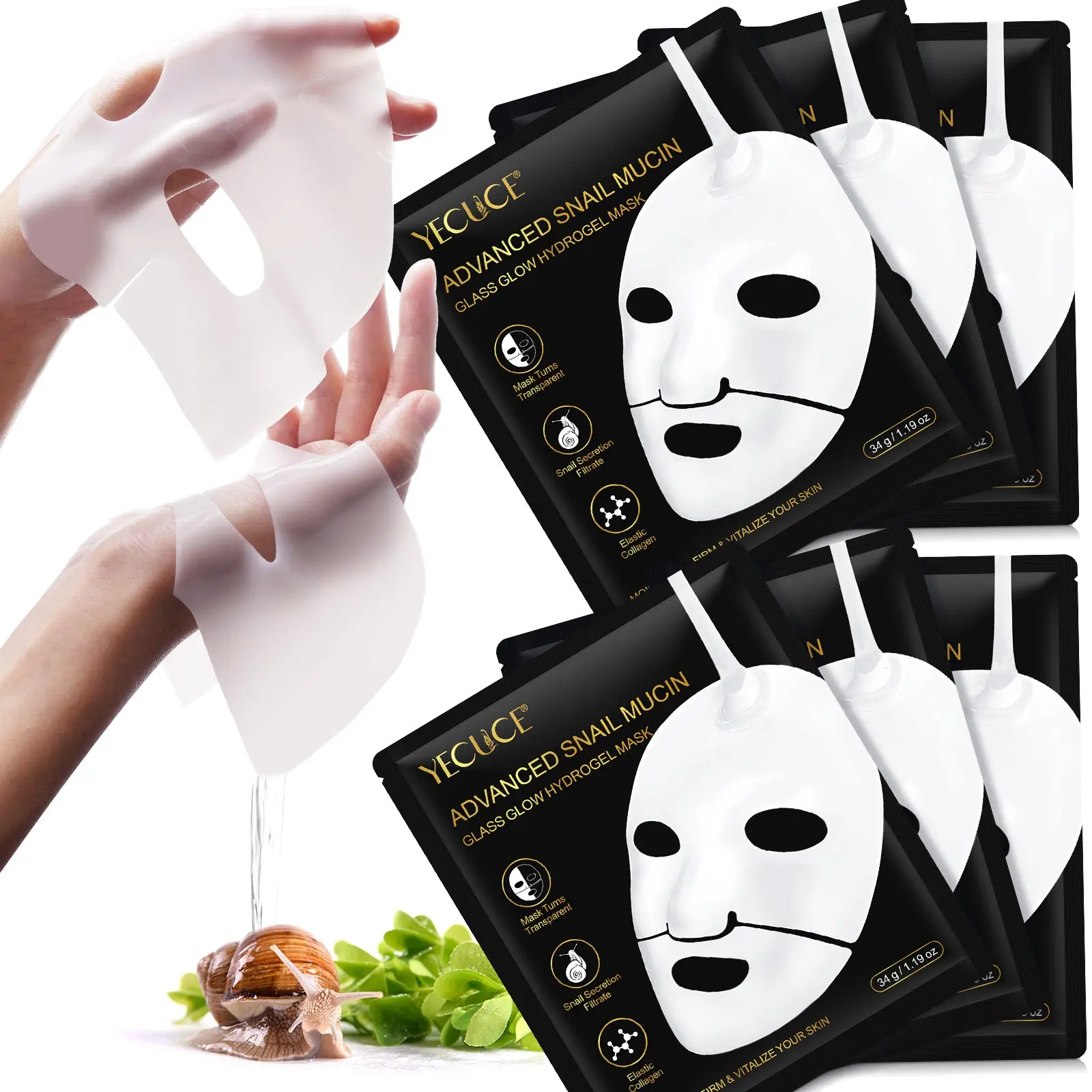 Yecuce Snail Protein Mask 6pcs, Advanced Hydrogel Mask, Deep Hydration, Nourishes Skin, Tightens and Brightens, Suitable for All Skin Types